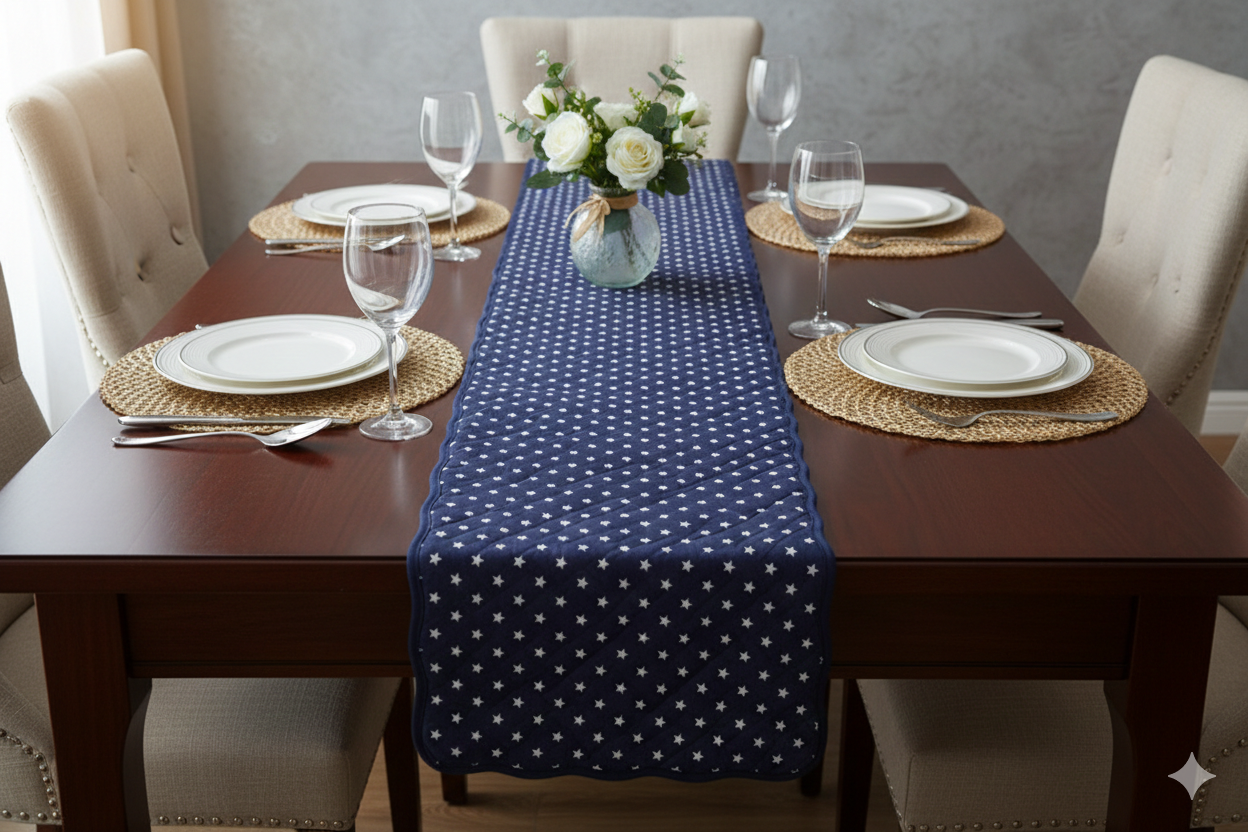 Navy Blue Star Print Quilted Table Runner – 90 x 30 cm - Main Product Image - Nushio