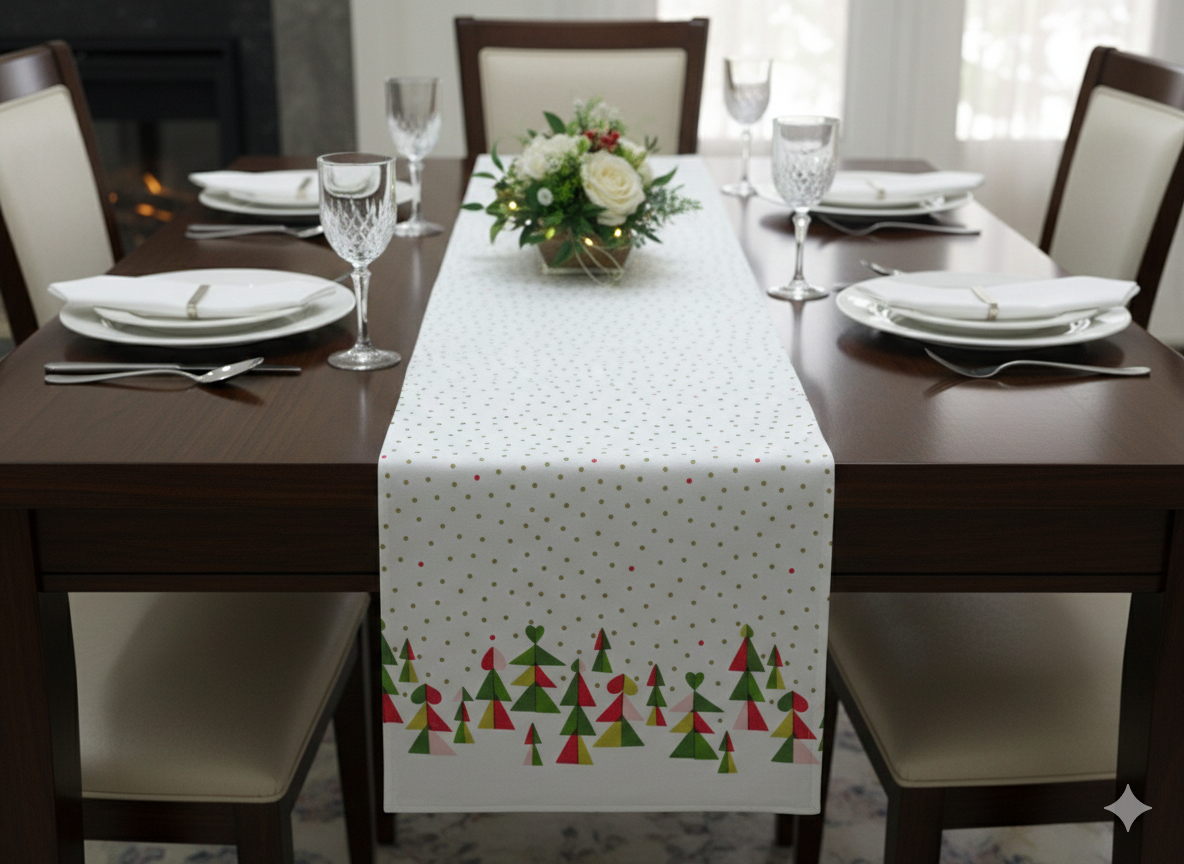 Festive Geometric Tree Print Table Runner - 185 × 40 cm - Main Product Image - Nushio
