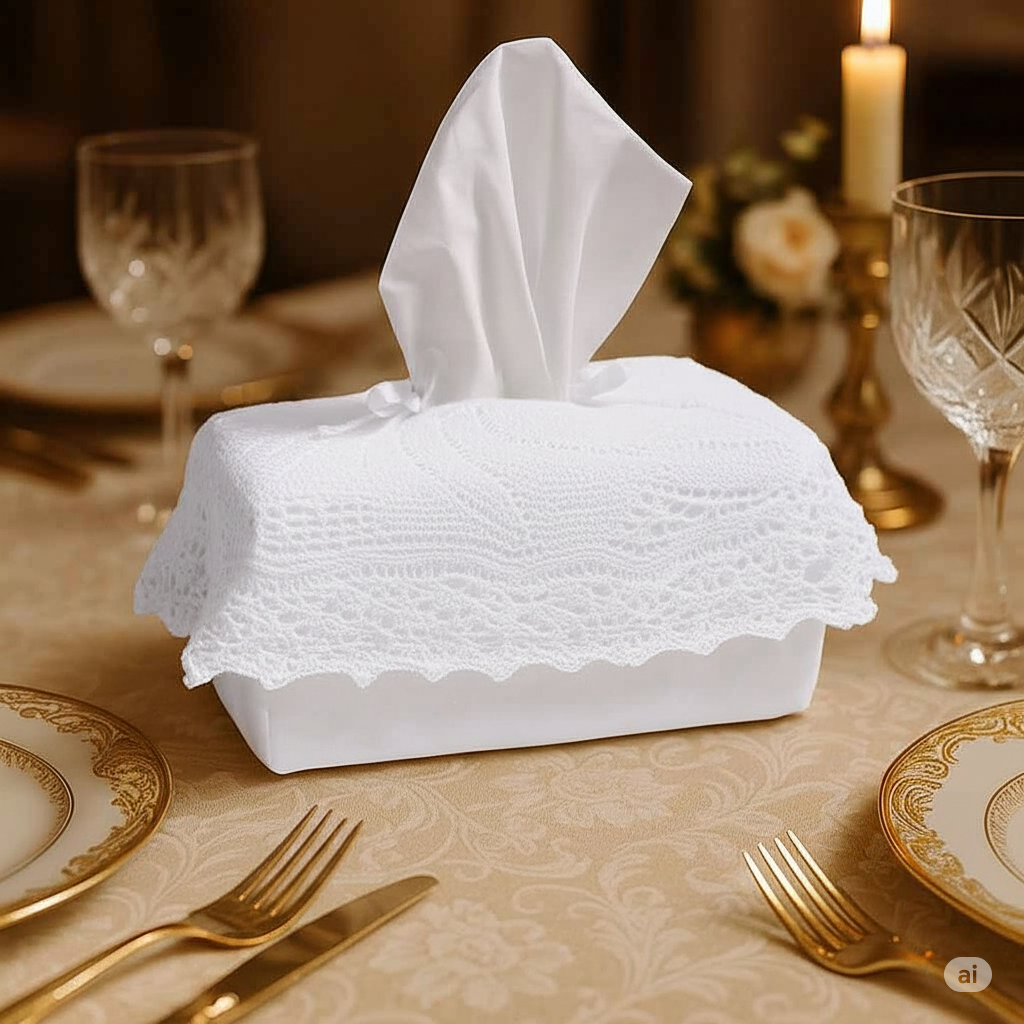 Handmade White Crochet Tissue Box Cover - Lace Design - Main Product Image - Nushio