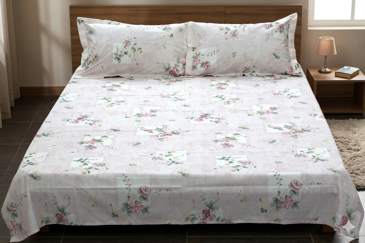 Queen Size Floral Printed Bedsheet with 2 Pillow Covers – Pink Flower Design