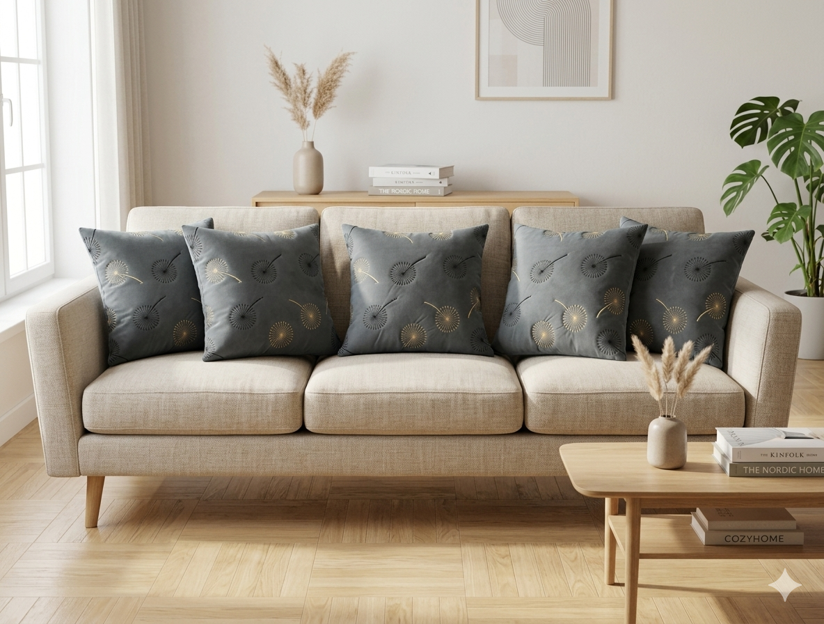 Set of 5 Elegant 16x16 Inch Cushion Covers with Modern Dandelion Print – Soft &Stylish Home Décor