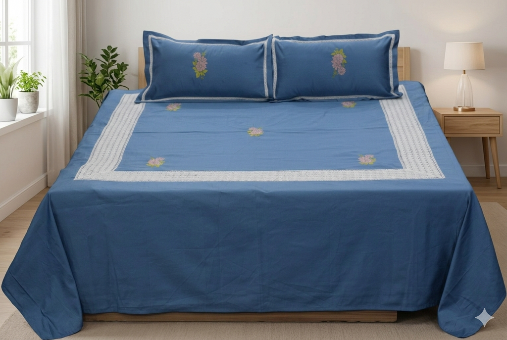 Blue King Size Bedspread Set with Floral Embroidery & Lace Border - Main Product Image - Floral - Nushio