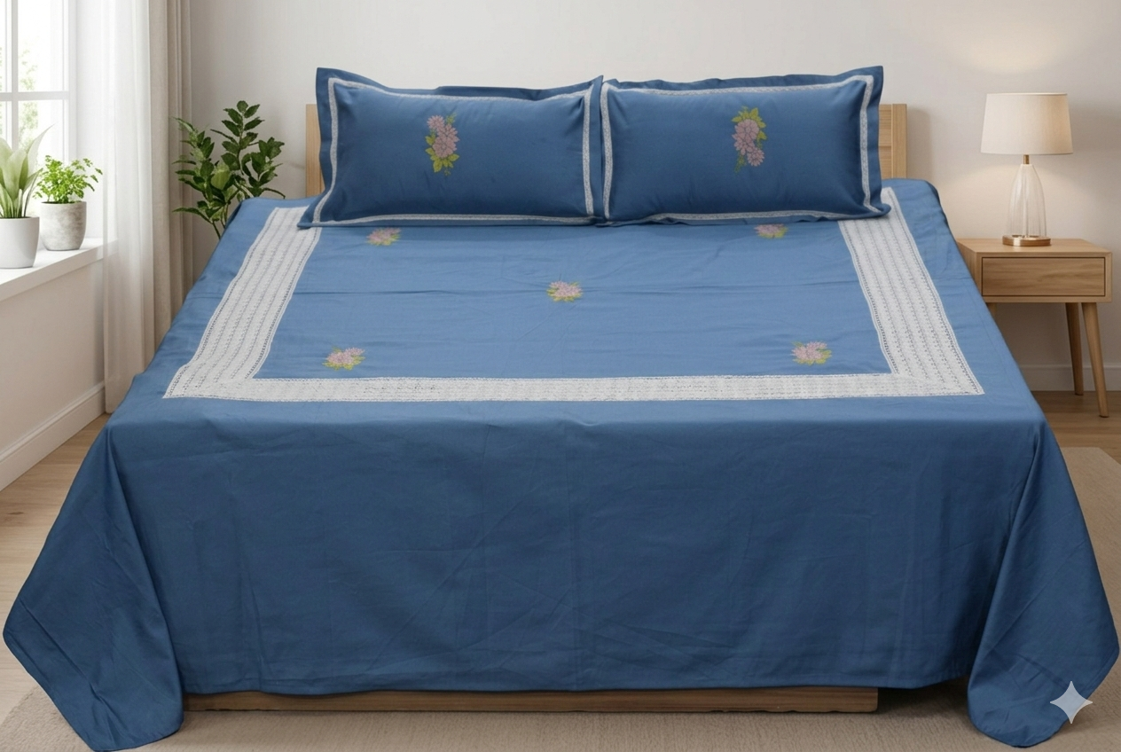 Blue King Size Bedspread Set with Floral Embroidery & Lace Border - Main Product Image - Floral - Nushio