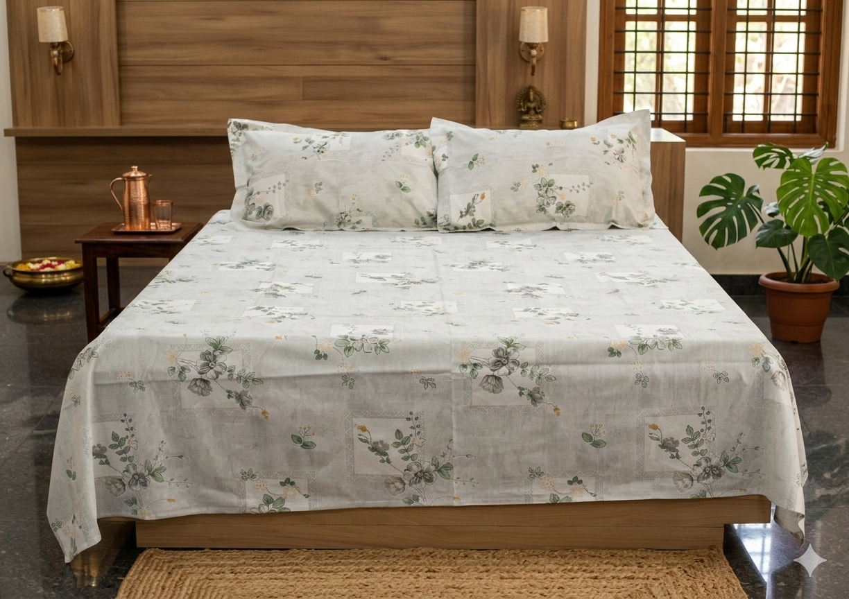The Minimalist: Sage Blossom Floral Queen Bed Sheet Set - 3 Piece