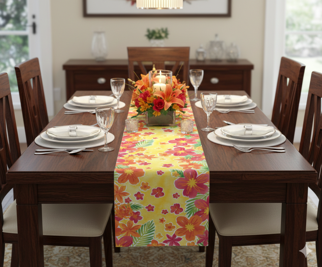 Sunshine Floral Table Runner – Yellow Tropical Print | 180 x 35 cm