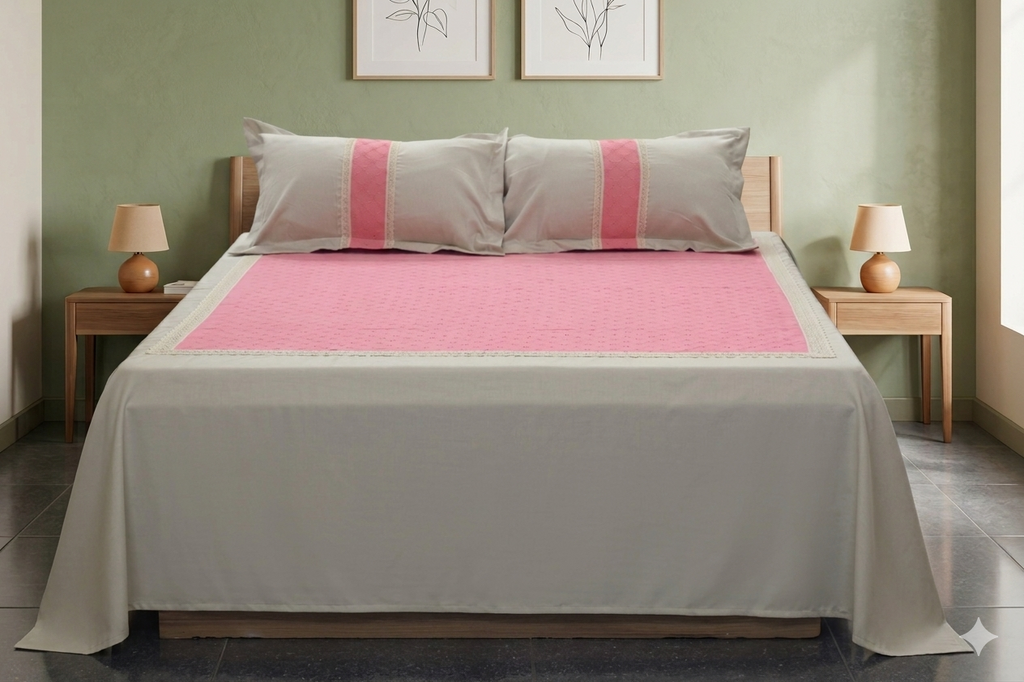 Elegant Pink & Beige Lace Border King Size Bedspread (2.80 x 2.50 m) | Nushio