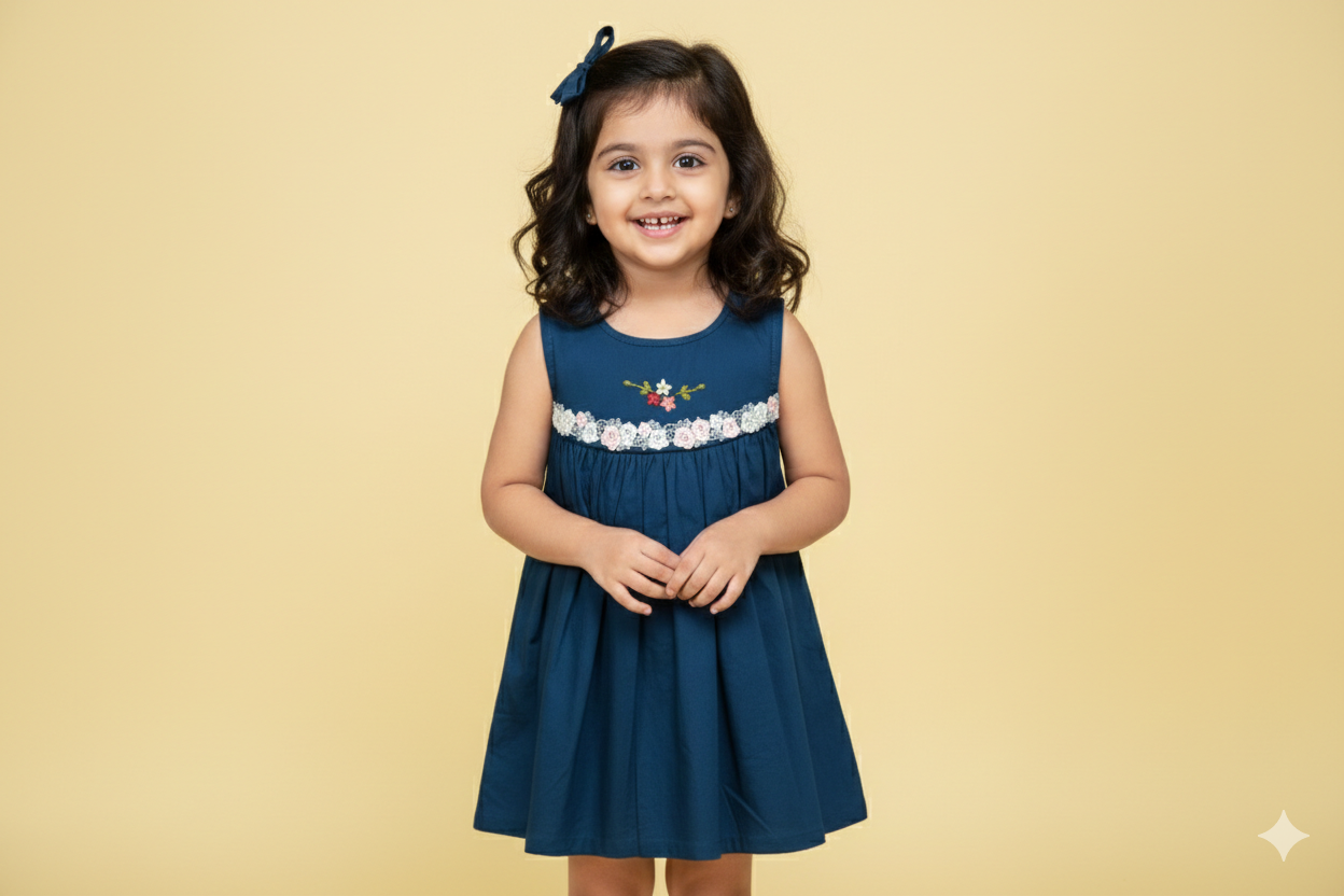 Navy Blue Kids Frock with Floral Lace Detailing - Main Product Image - Floral - Nushio