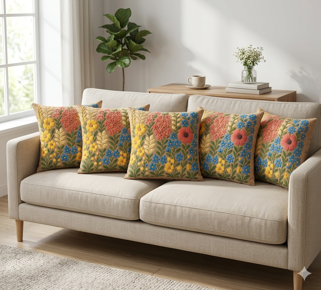 Rust Floral Garden Cushion Cover Set of 5 – 16x16 Inches Decorative Throw Pillow Covers