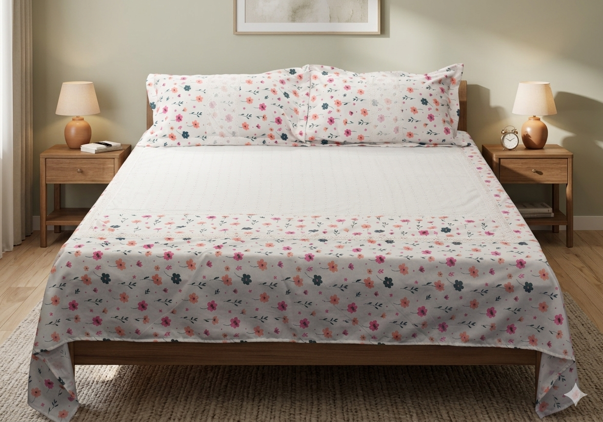 Queen Size White Hakoba Cotton Bedsheet with Floral Print Border (240x240 cm)