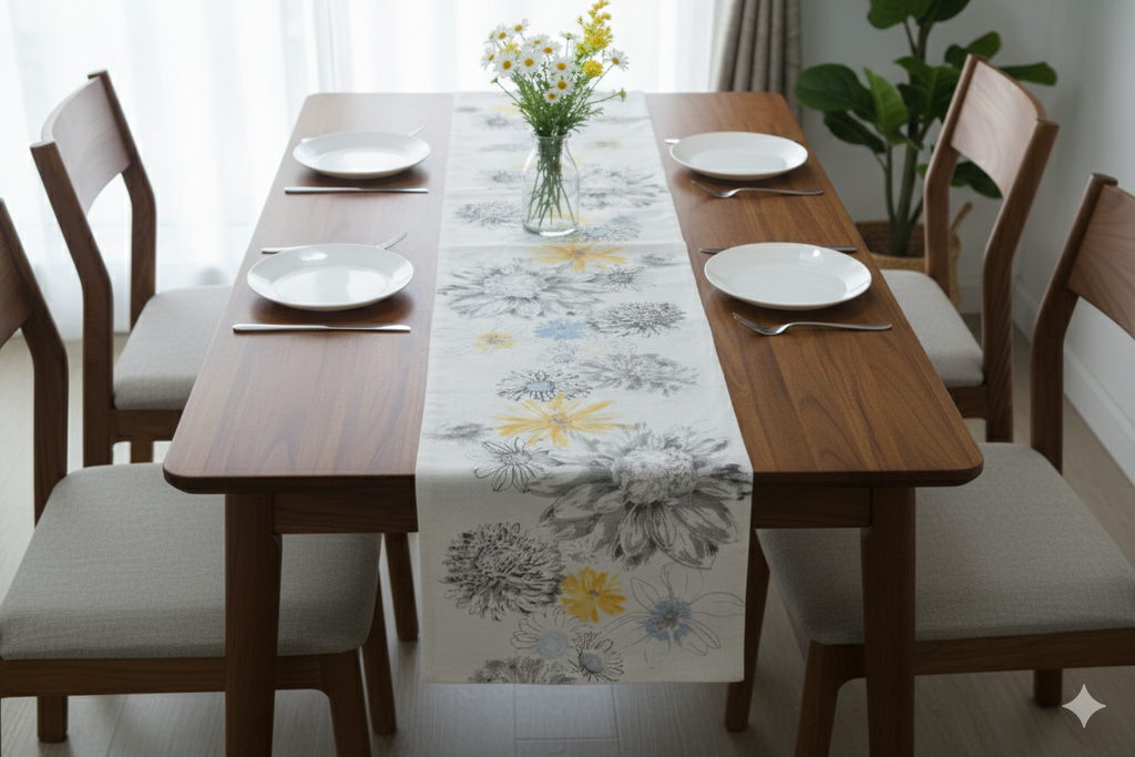 Floral Printed Table Runner - Grey & Yellow - 2.25 m x 40 cm - Main Product Image - Floral Printed - Nushio