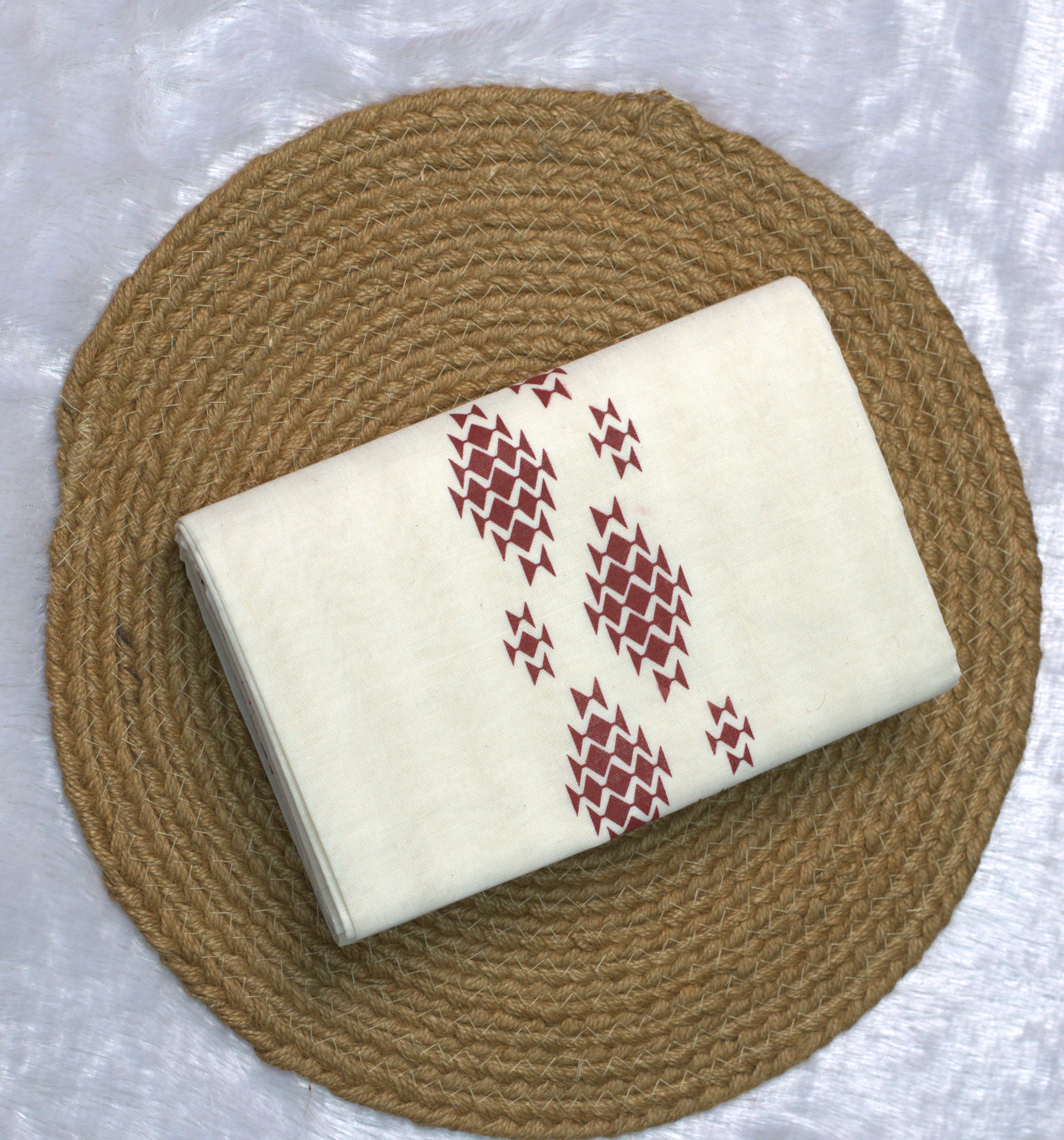 Off-White Cotton Set Mundu with Maroon Geometric Print - View 2 - Cotton - Nushio