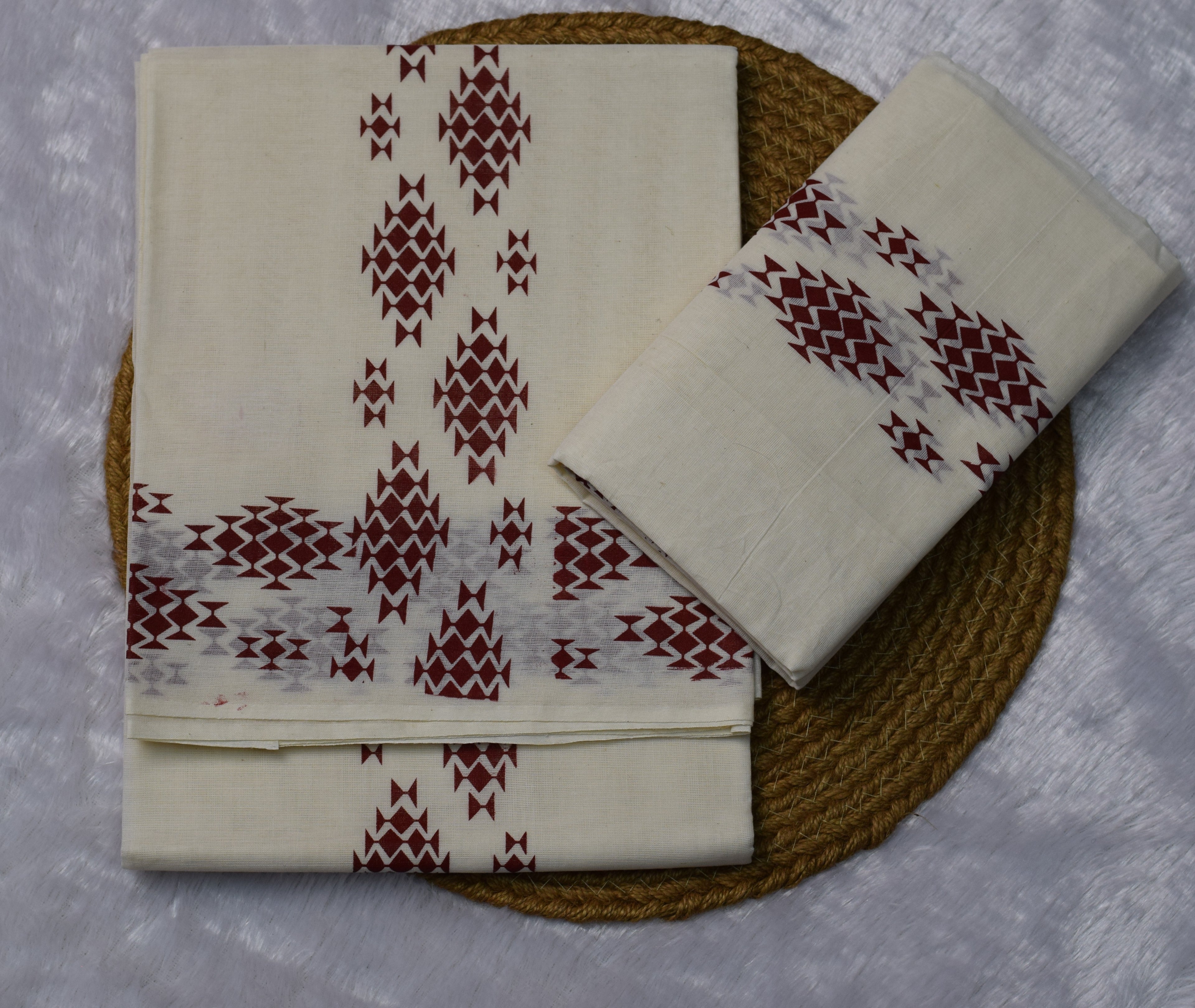 Off-White Cotton Set Mundu with Maroon Geometric Print - Main Product Image - Cotton - Nushio