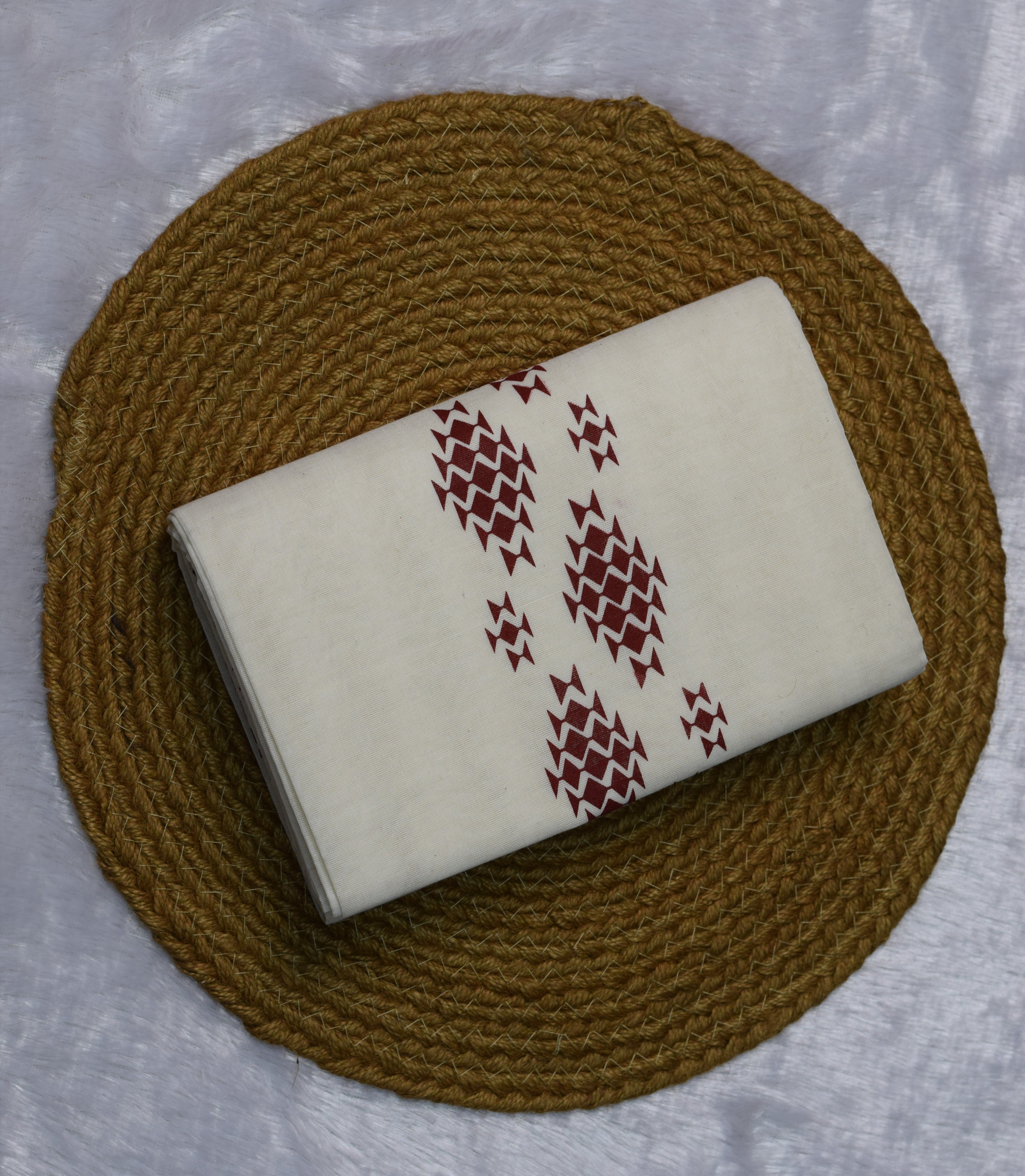 Off-White Cotton Set Mundu with Maroon Geometric Print