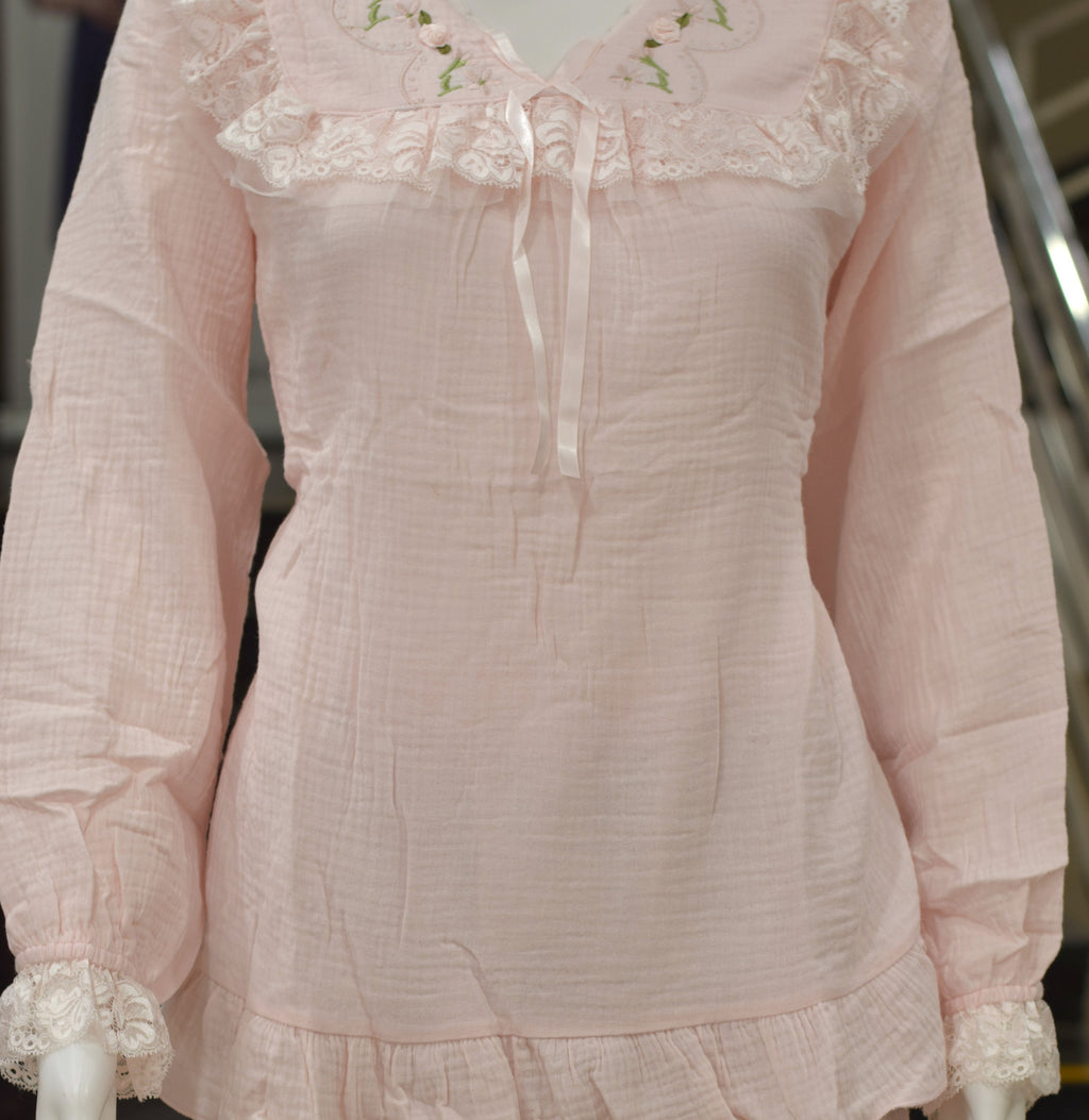 Blush Pink Lace-Trim Cotton Night Dress Set - View 2 - Cotton - Nushio