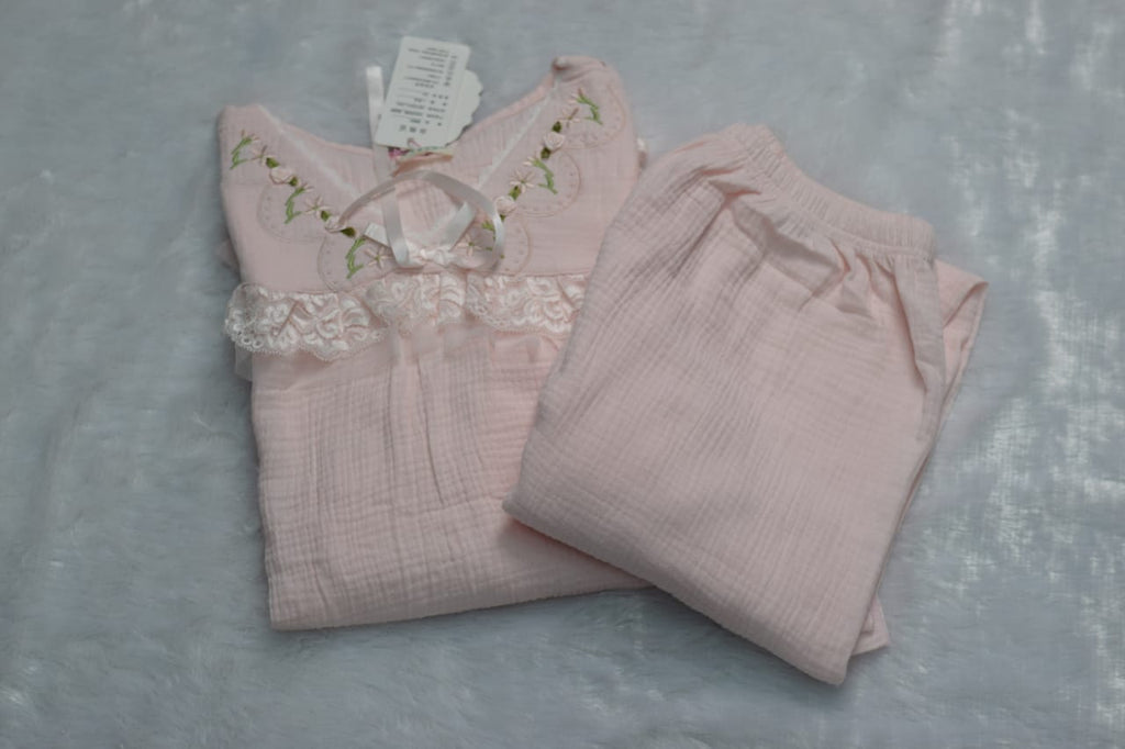 Blush Pink Lace-Trim Cotton Night Dress Set | Nushio