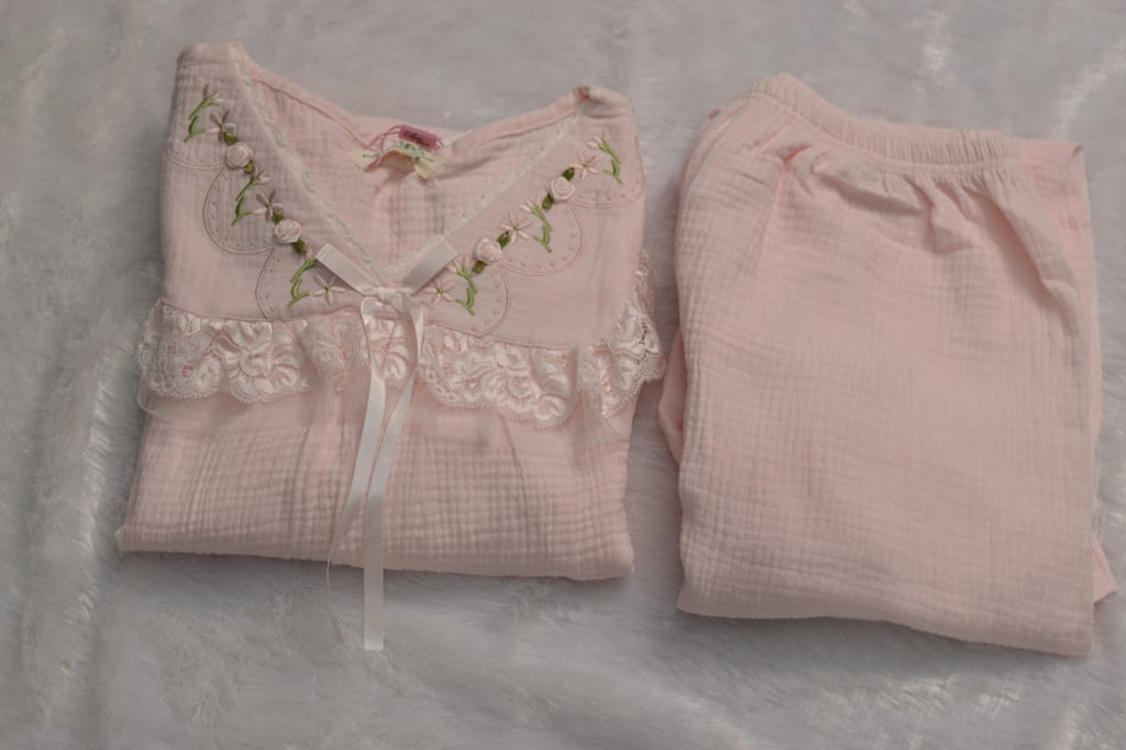 Blush Pink Lace-Trim Cotton Night Dress Set | Nushio
