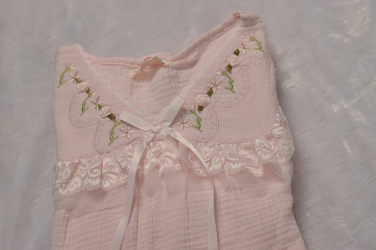 Blush Pink Lace-Trim Cotton Night Dress Set | Nushio