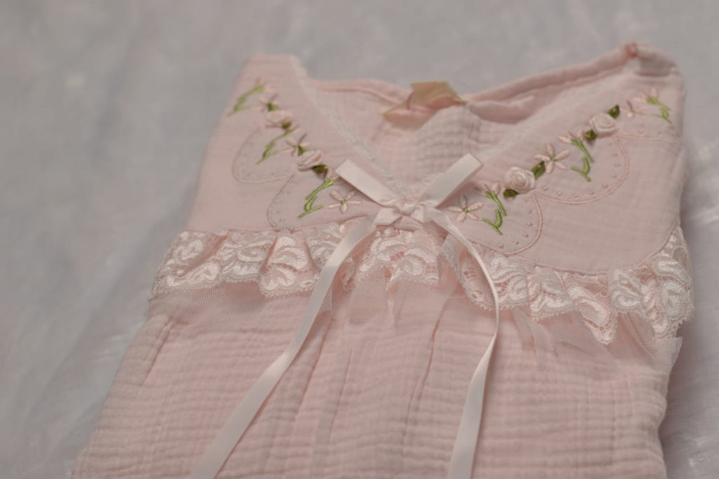 Blush Pink Lace-Trim Cotton Night Dress Set | Nushio