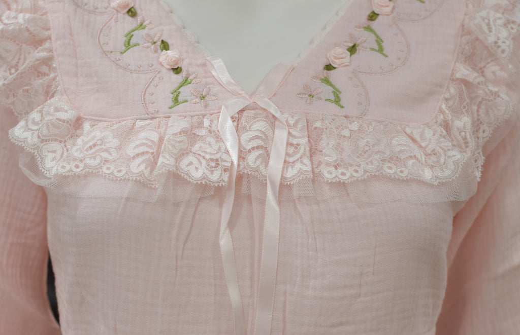 Blush Pink Lace-Trim Cotton Night Dress Set | Nushio