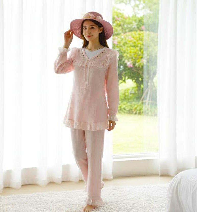 Blush Pink Lace-Trim Cotton Night Dress Set | Nushio