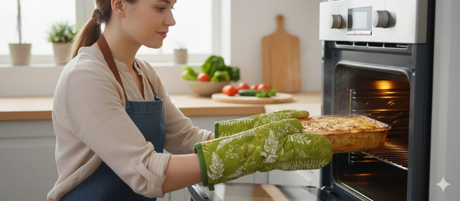 Green Leaf Print Cotton Oven Gloves - Set of 2 - Main Product Image - Cotton - Nushio