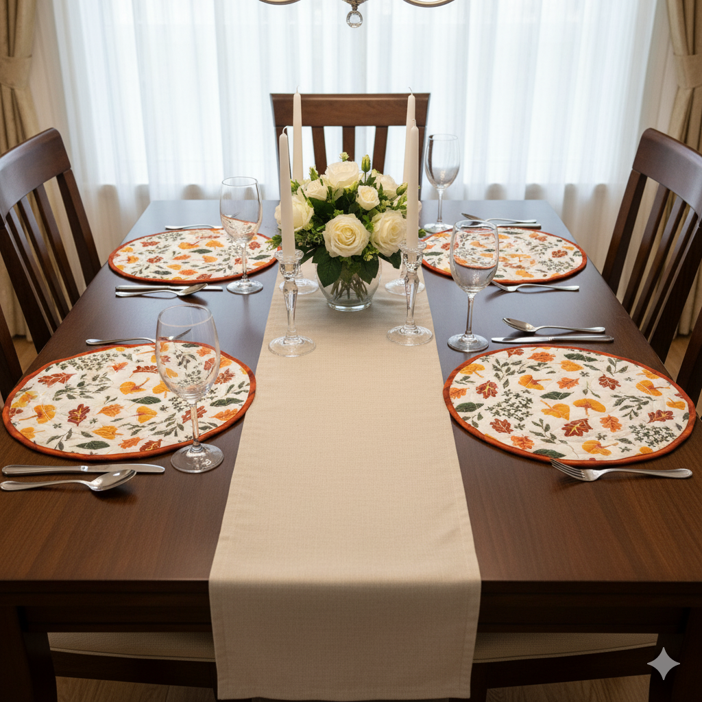 Autumn Leaf Round Table Mat - Quilted Cotton Dining Décor - View 2 - Cotton - Nushio