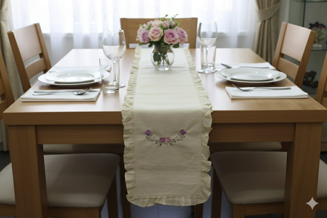 Embroidered Floral Cotton Table Runner with Frilled Border - Main Product Image - Cotton Floral Embroidered - Nushio