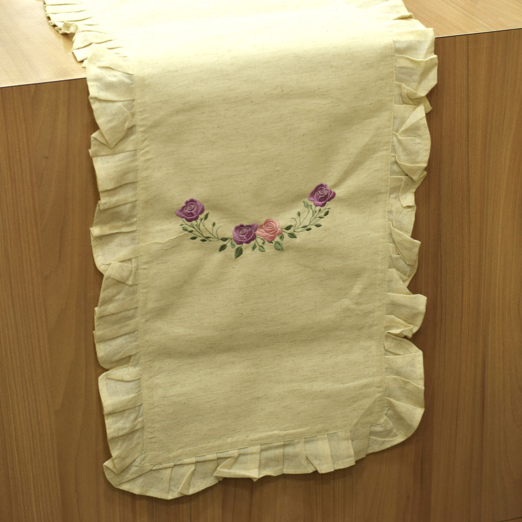 Embroidered Floral Cotton Table Runner with Frilled Border - View 3 - Cotton Floral Embroidered - Nushio