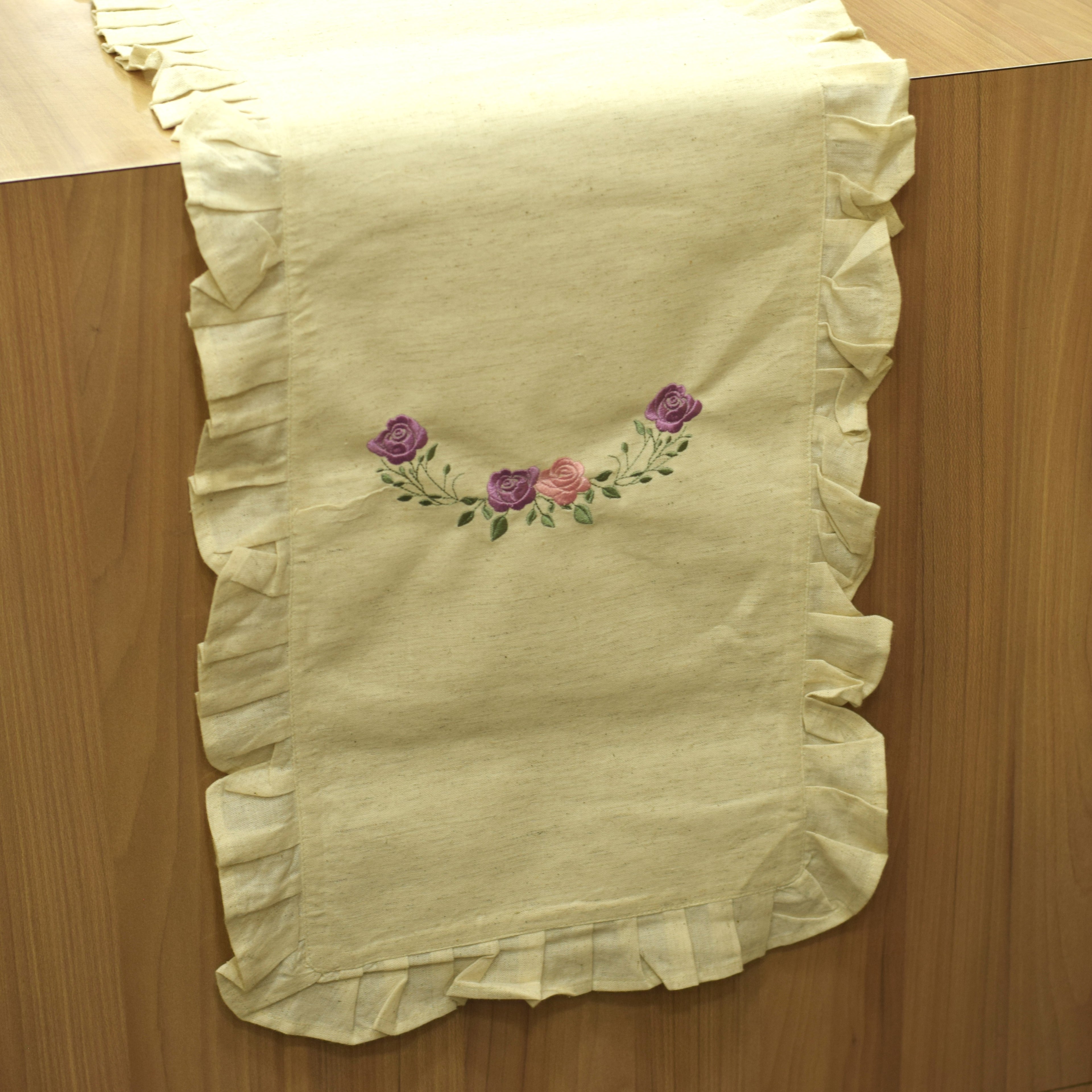 Embroidered Floral Cotton Table Runner with Frilled Border - View 3 - Cotton Floral Embroidered - Nushio