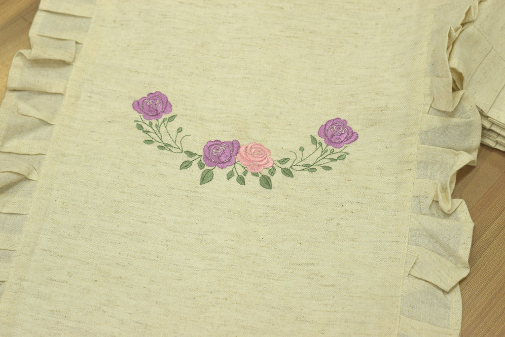 Embroidered Floral Cotton Table Runner with Frilled Border - View 2 - Cotton Floral Embroidered - Nushio