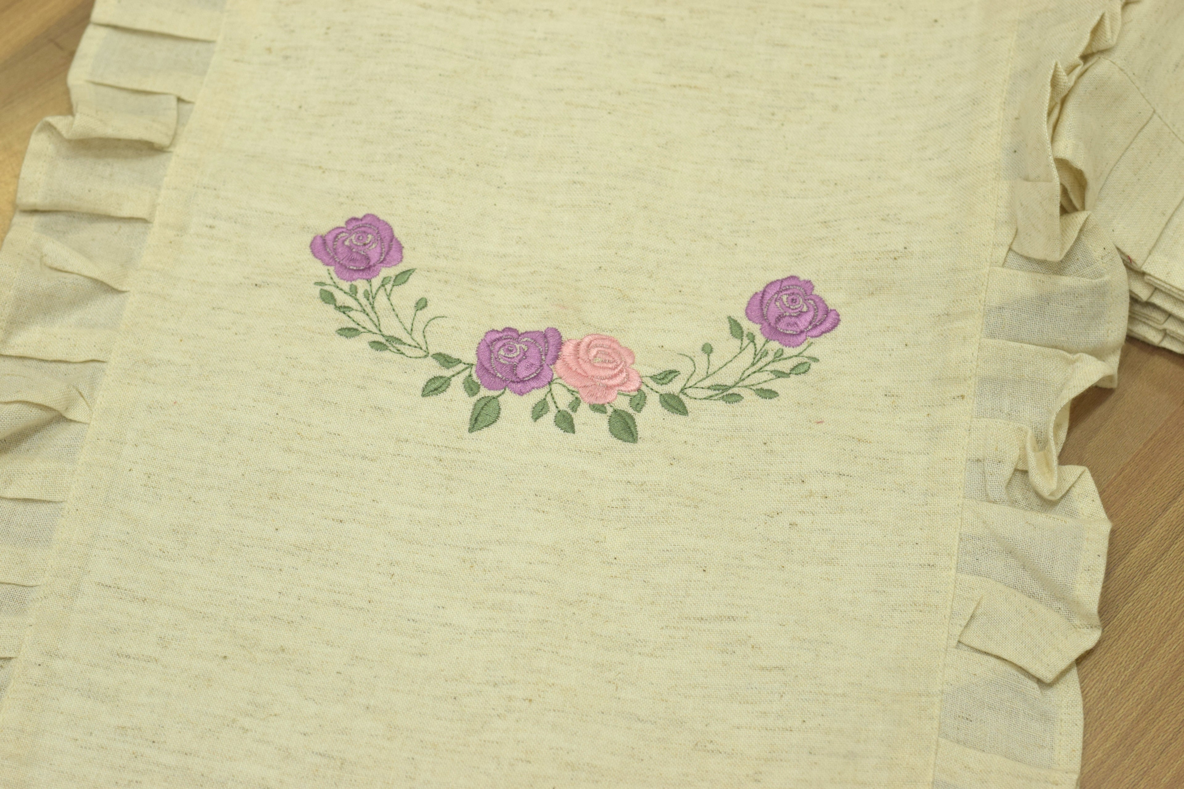 Embroidered Floral Cotton Table Runner with Frilled Border - View 2 - Cotton Floral Embroidered - Nushio