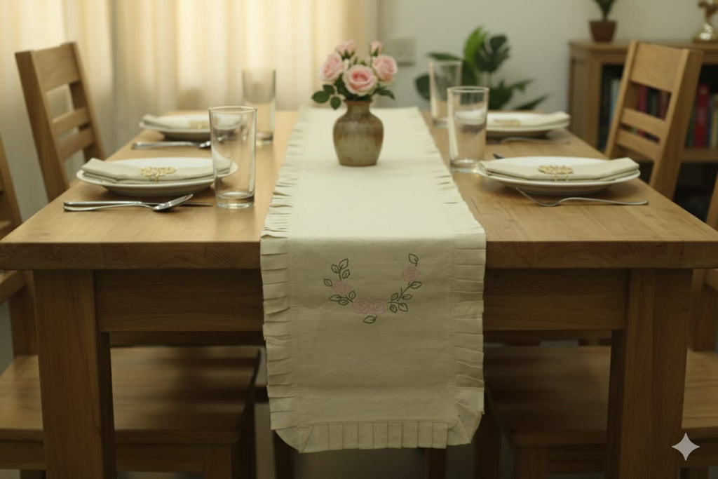 Embroidered Floral Table Runner with Pleated Border - Main Product Image - Floral Embroidered - Nushio