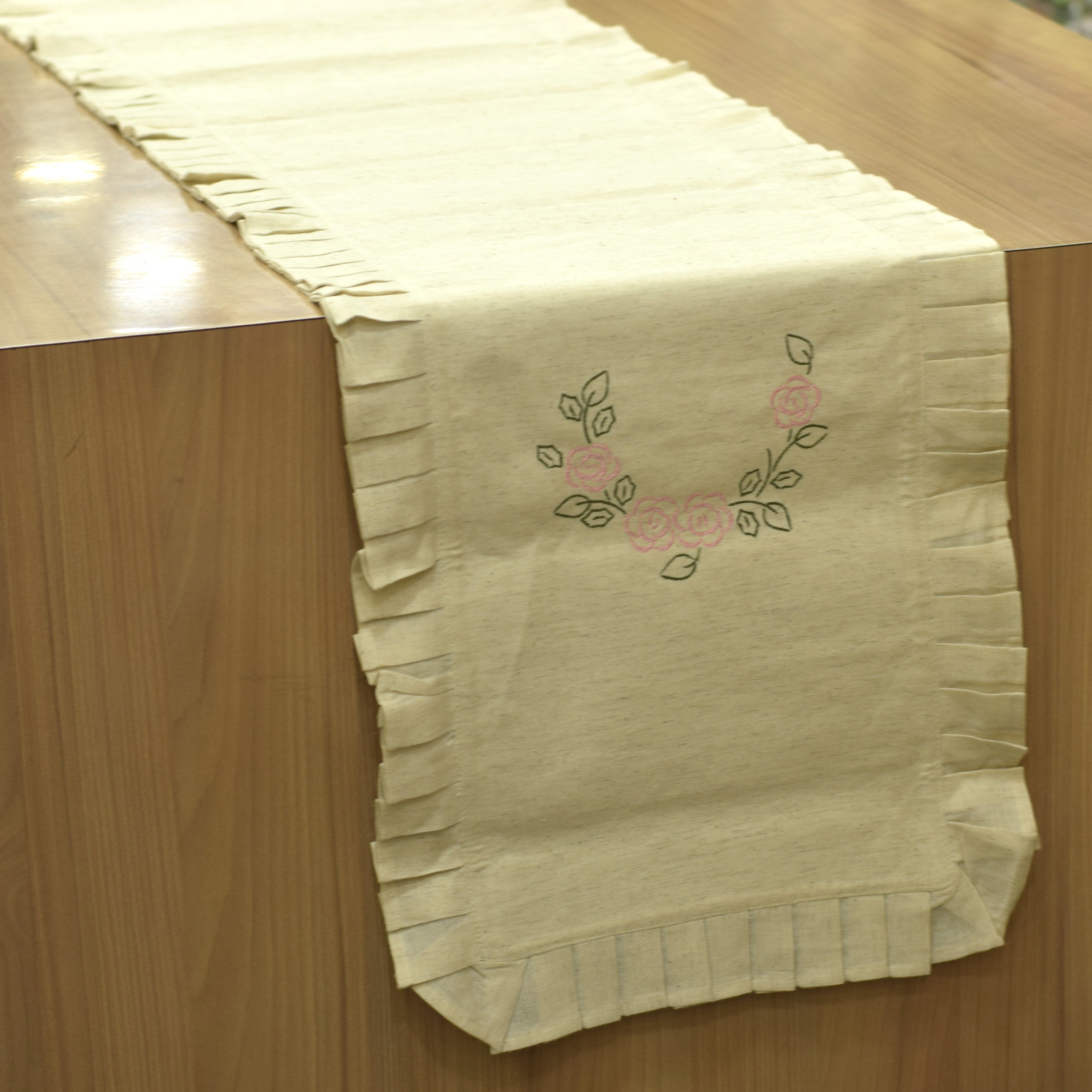 Embroidered Floral Table Runner with Pleated Border