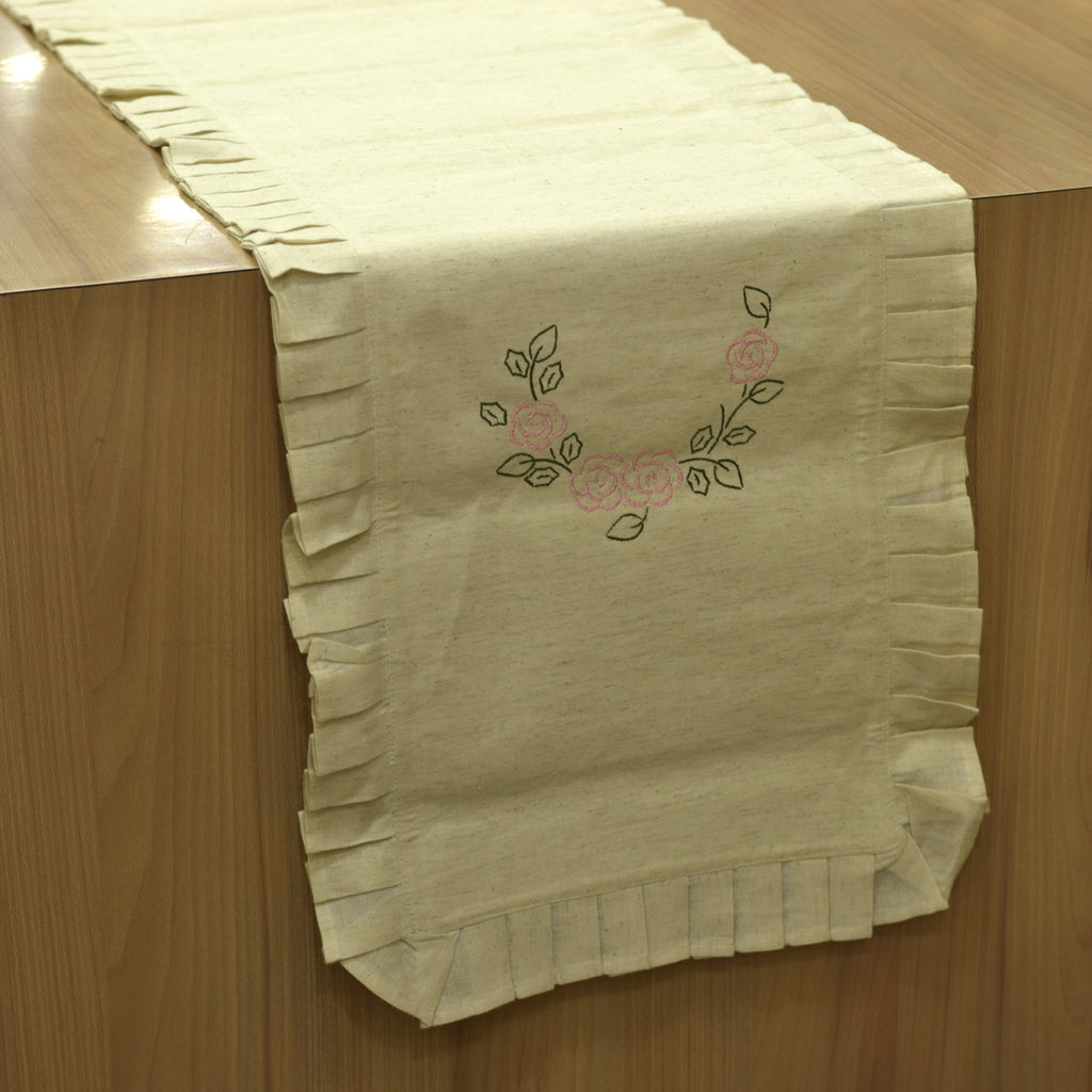 Embroidered Floral Table Runner with Pleated Border - View 3 - Floral Embroidered - Nushio
