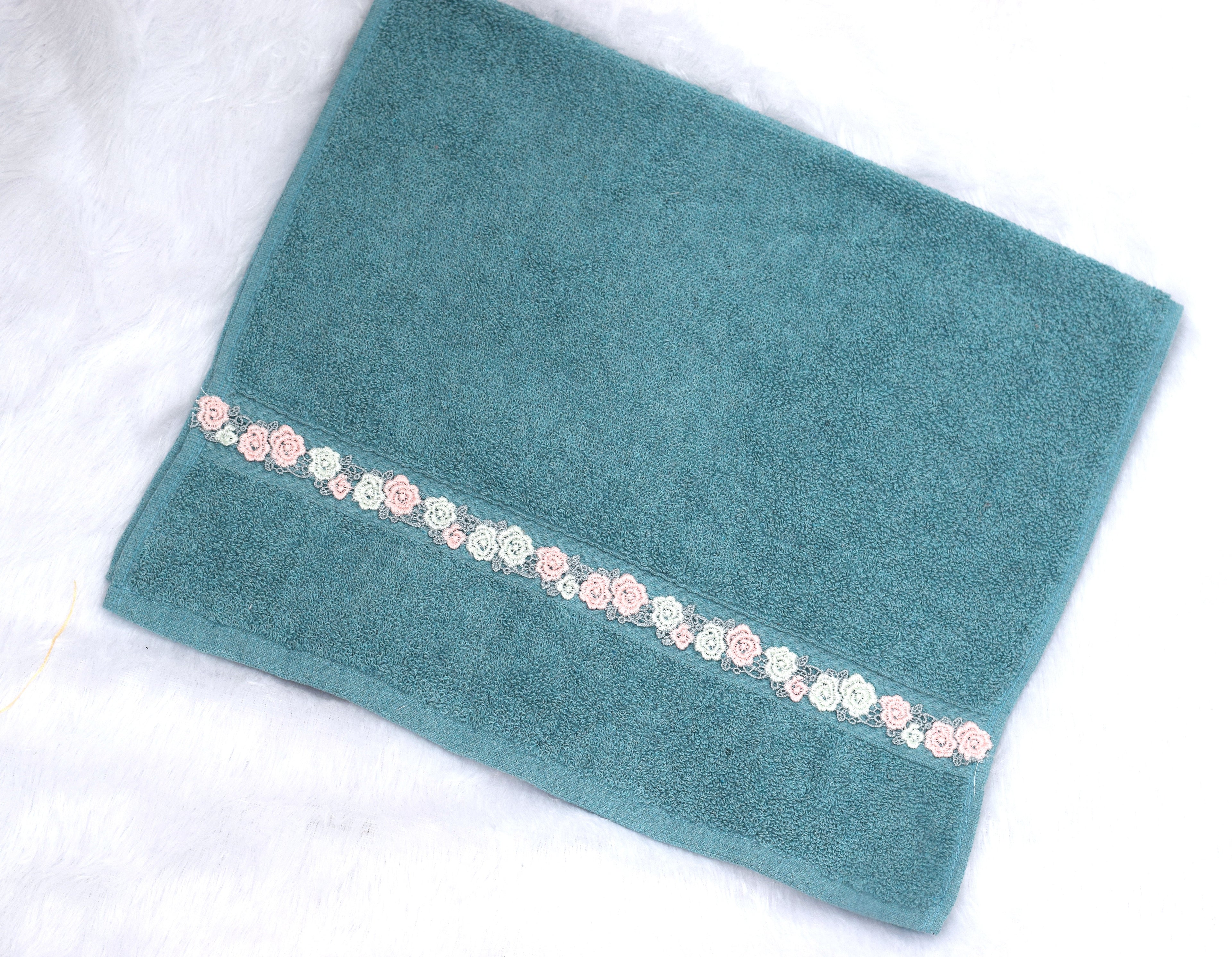 Teal Hand Towel with Floral Lace Border - 27x18 Inches