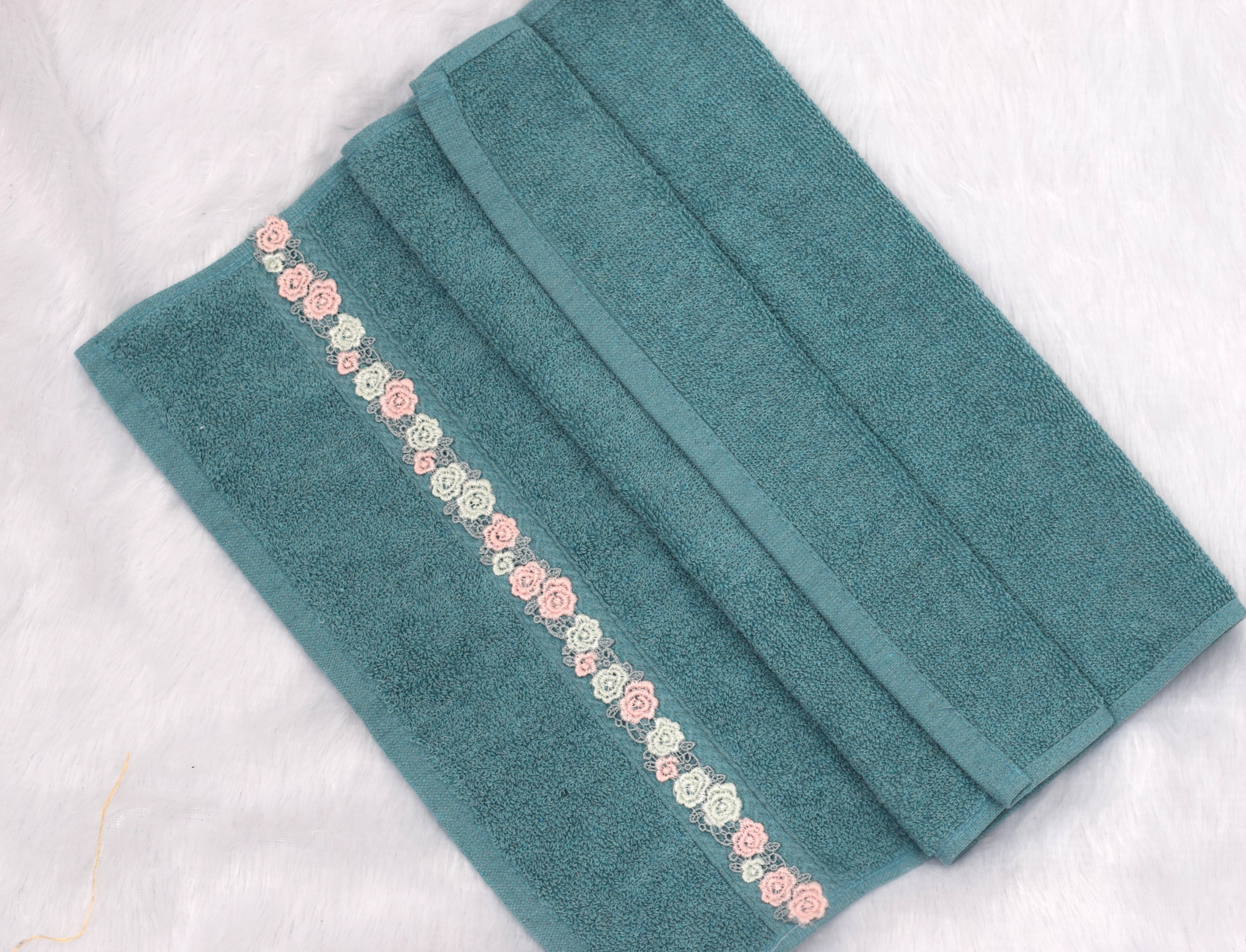 Teal Hand Towel with Floral Lace Border - 27x18 Inches