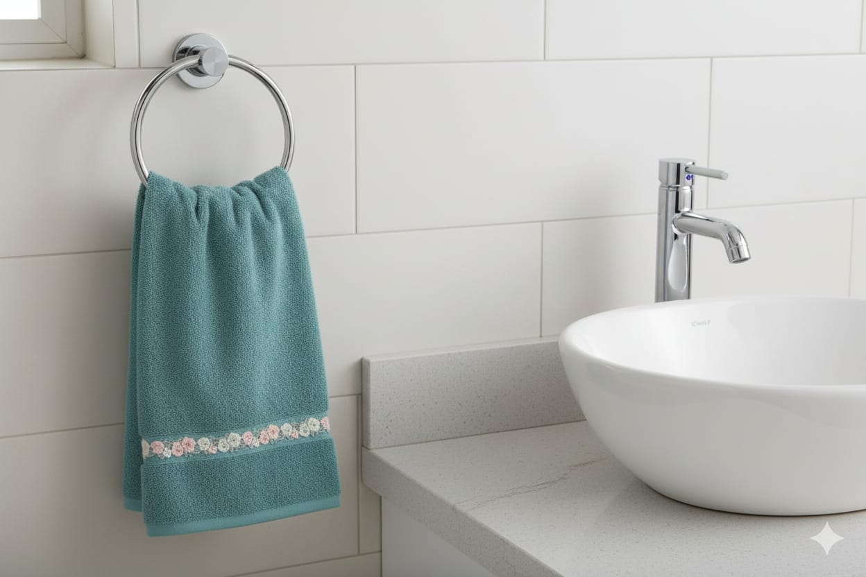 Teal Hand Towel with Floral Lace Border - 27x18 Inches