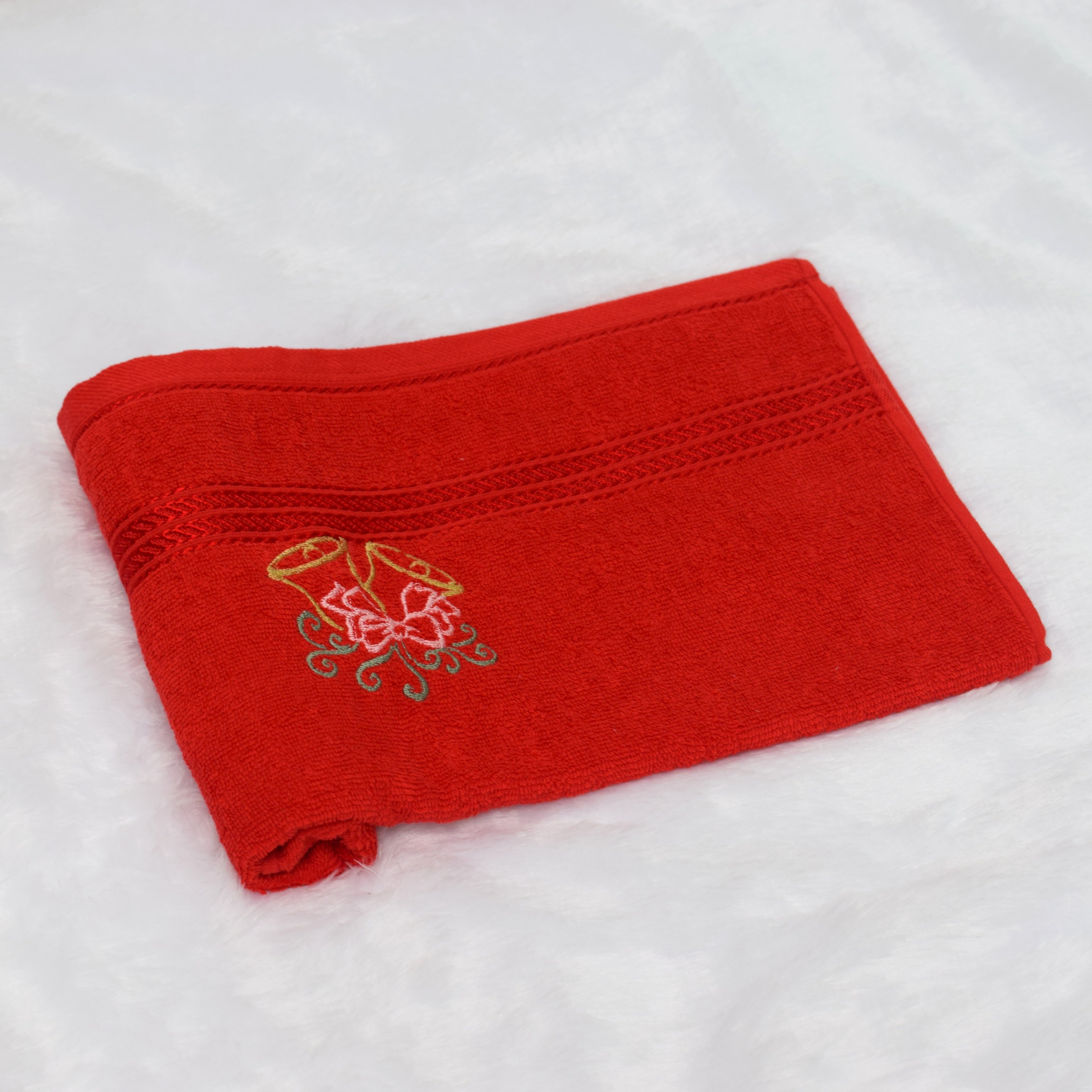 Festive Red Turkey Towel with Embroidered Christmas Bells - View 2 - Embroidered - Nushio