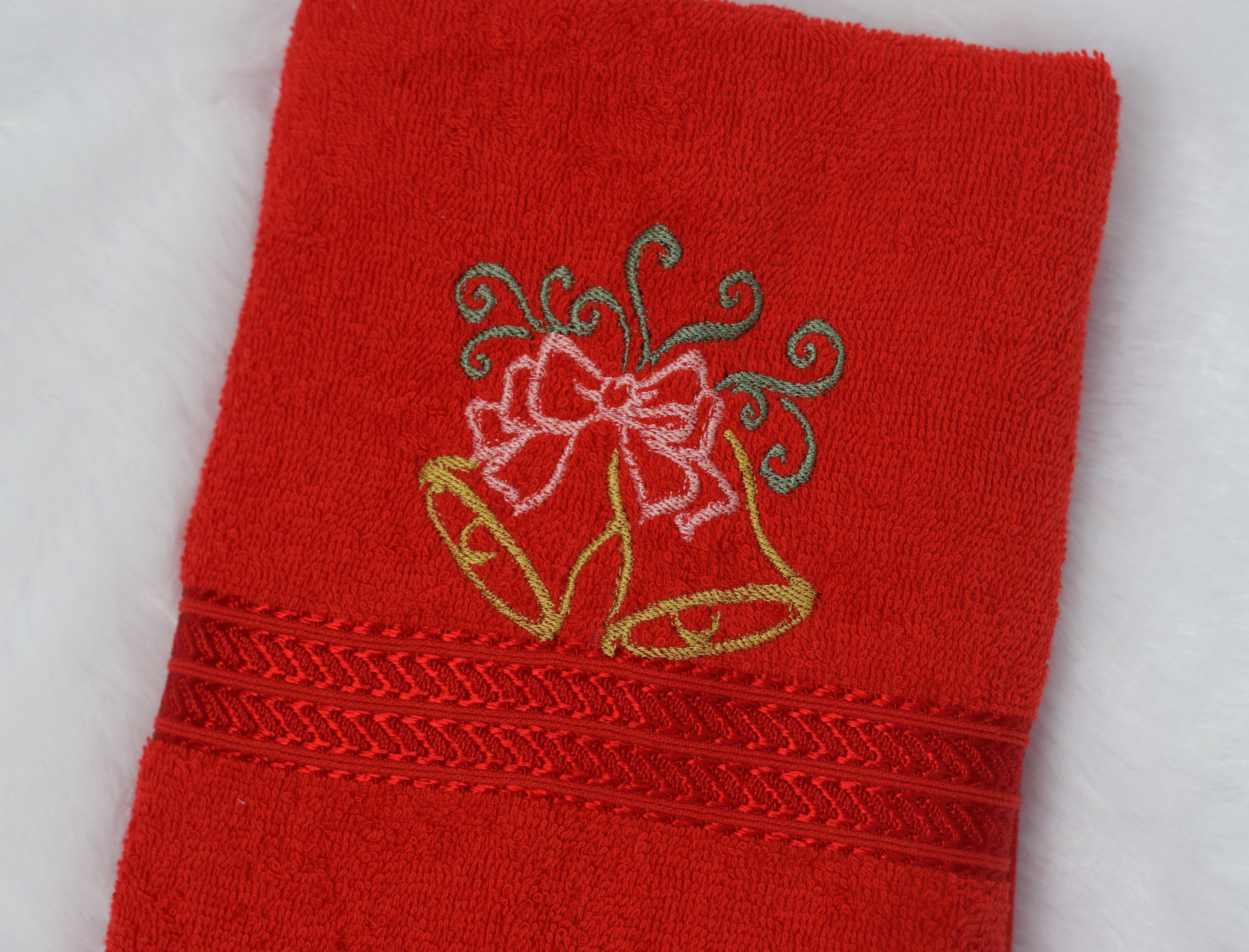 Festive Red Turkey Towel with Embroidered Christmas Bells