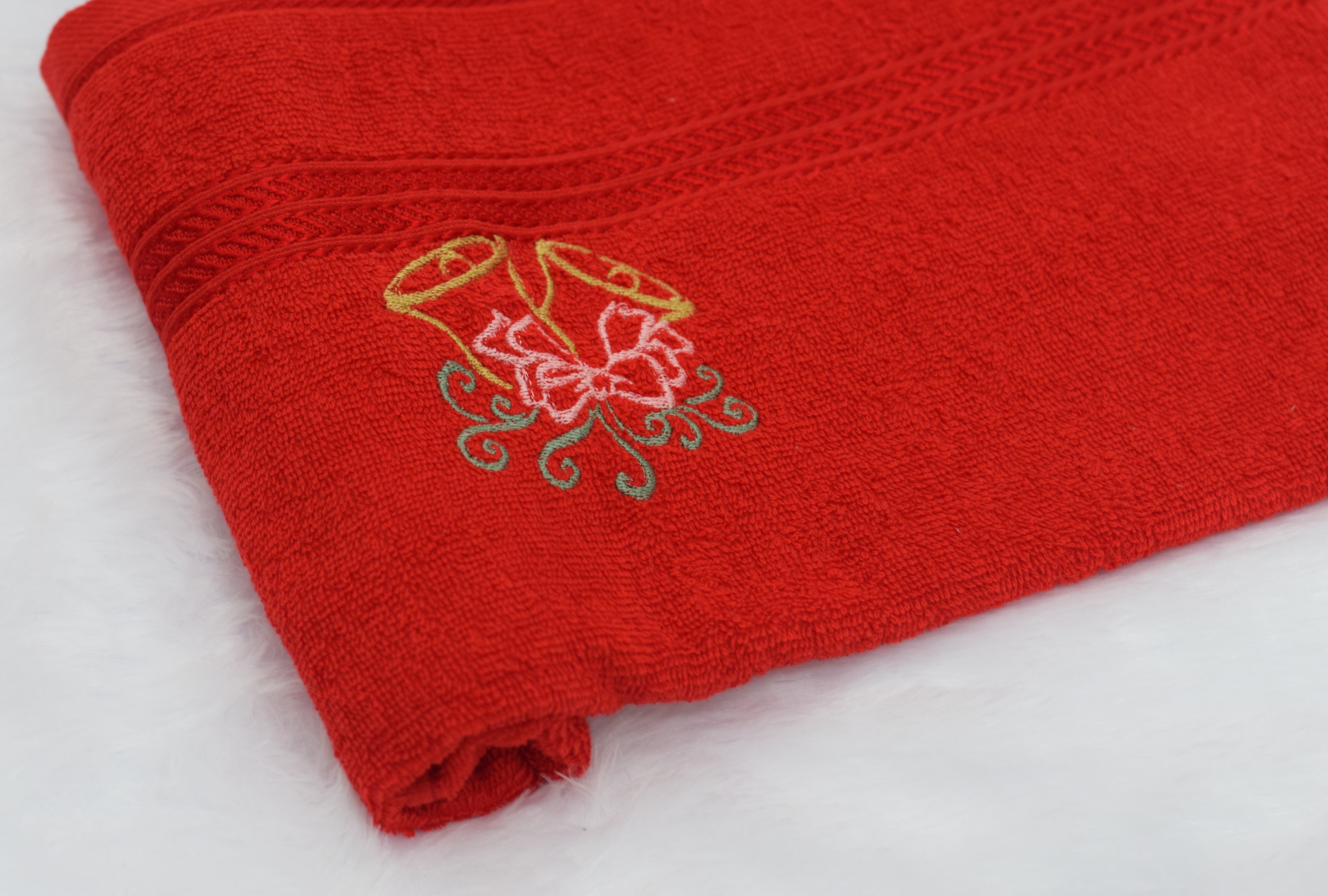 Festive Red Turkey Towel with Embroidered Christmas Bells