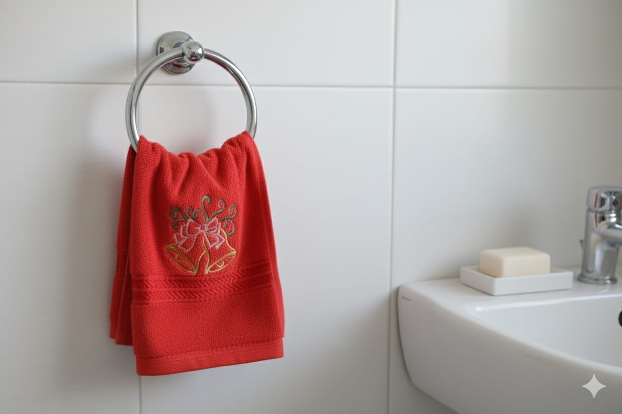 Festive Red Turkey Towel with Embroidered Christmas Bells - Main Product Image - Embroidered - Nushio