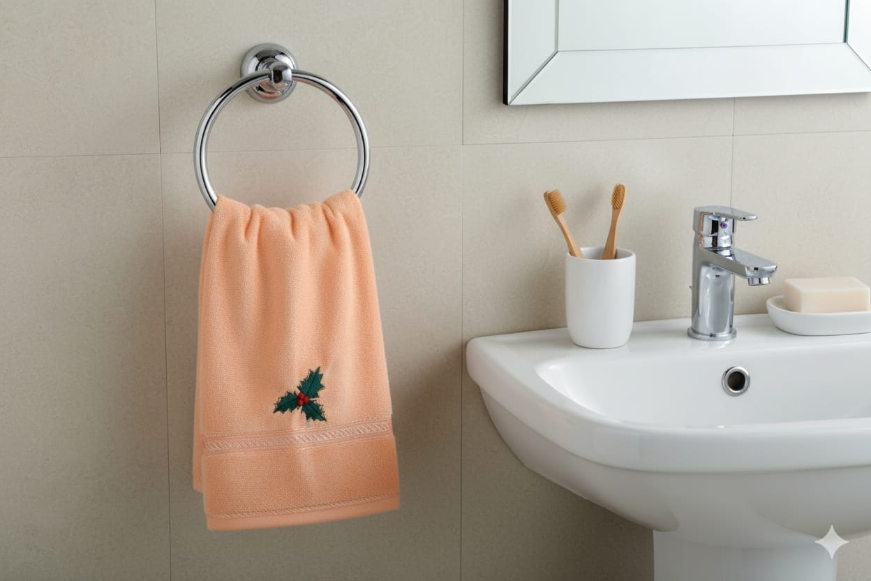 Peach Cotton Embroidered Hand Towel with Decorative Border – Soft & Absorbent - Main Product Image - Cotton Embroidered - Nushio