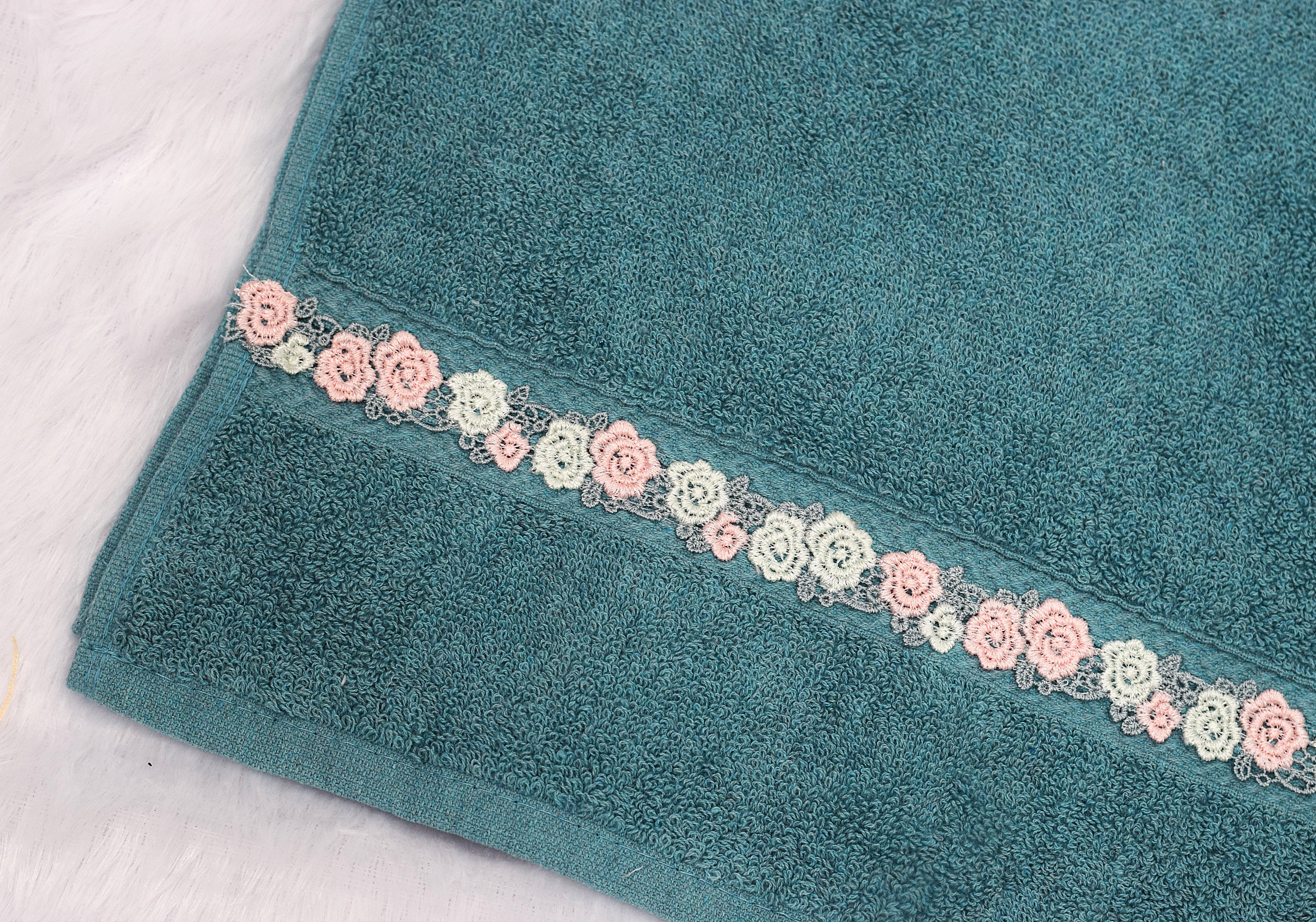 Teal Hand Towel with Floral Lace Border - 27x18 Inches