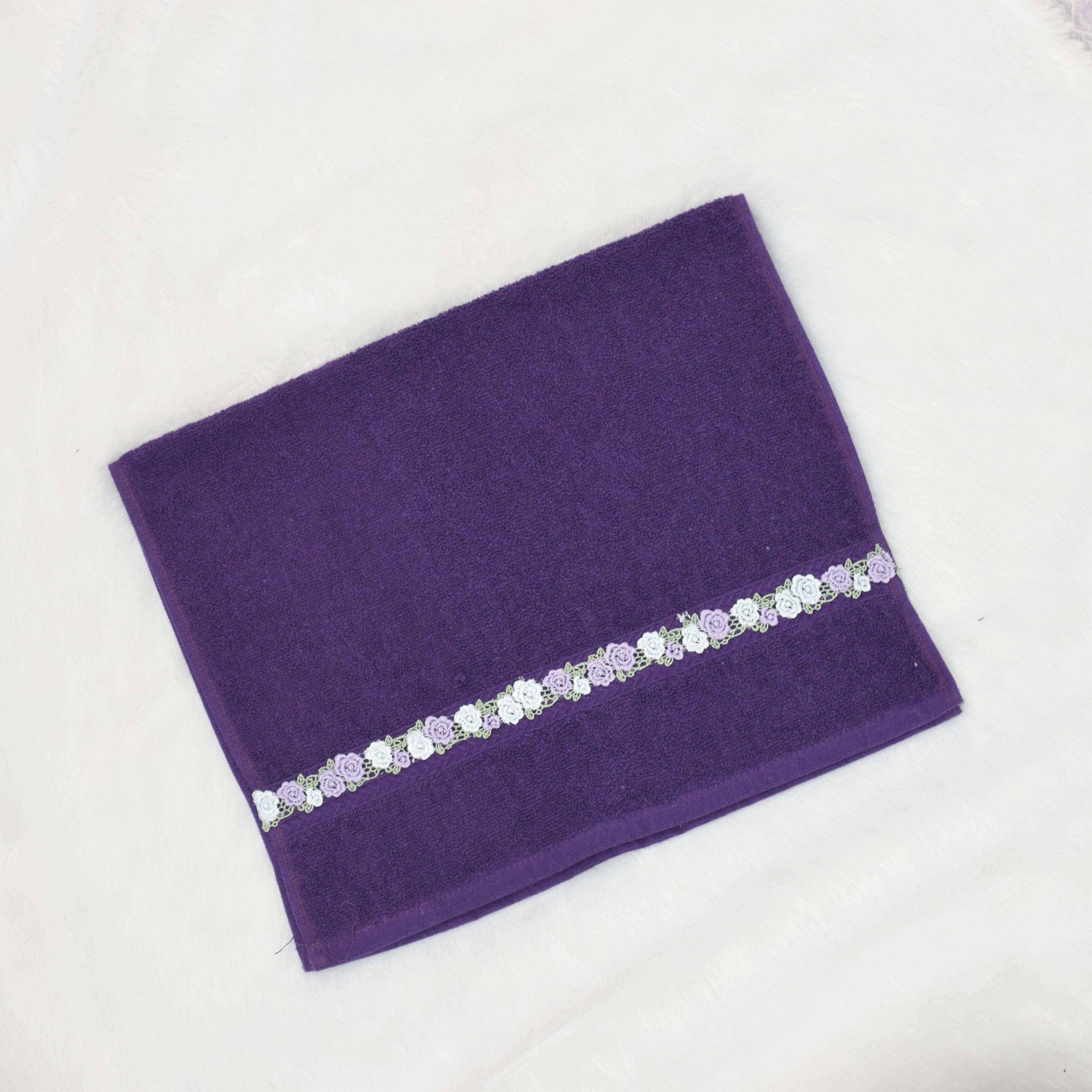Purple Turkey Hand Towel with Floral Lace Border