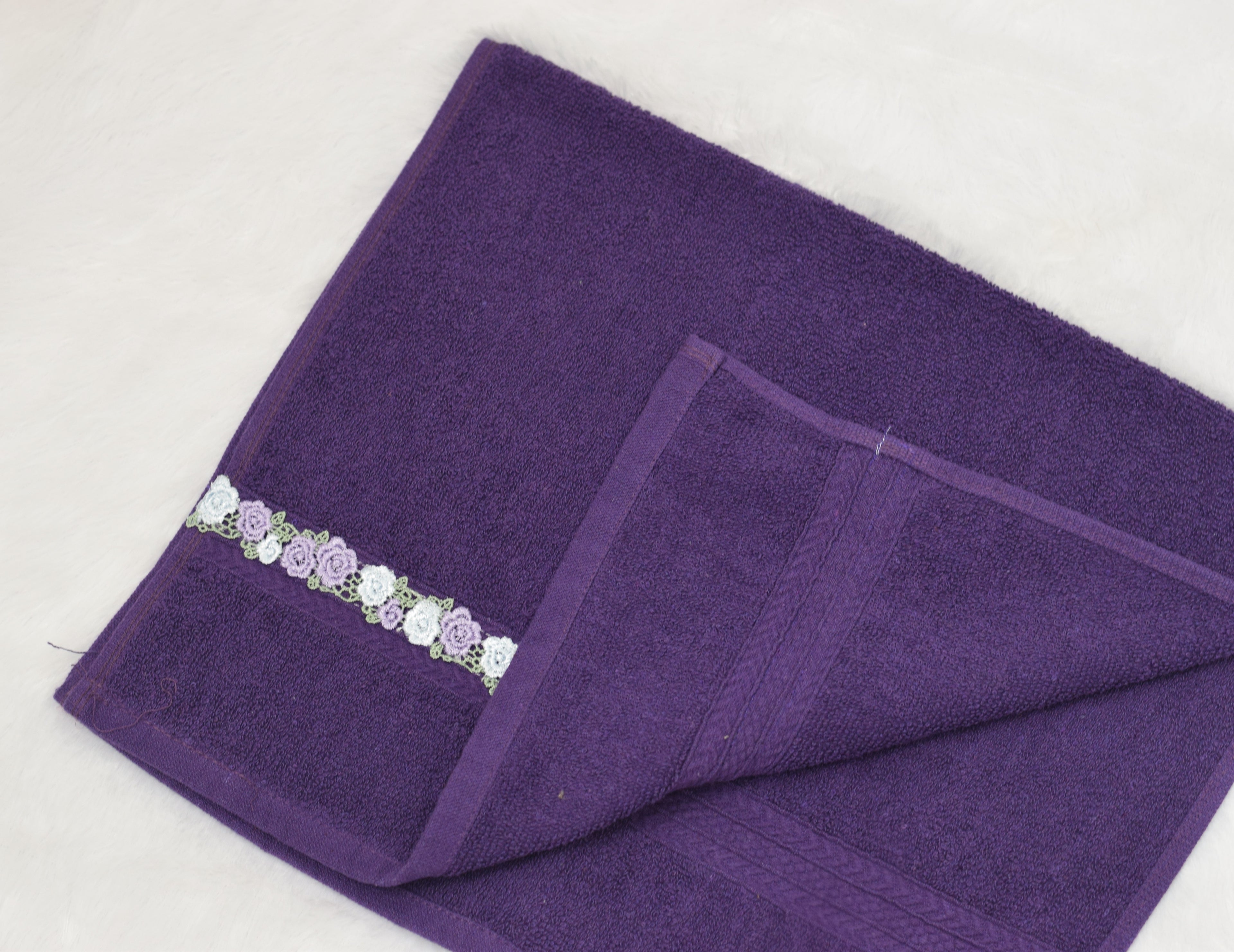 Purple Turkey Hand Towel with Floral Lace Border