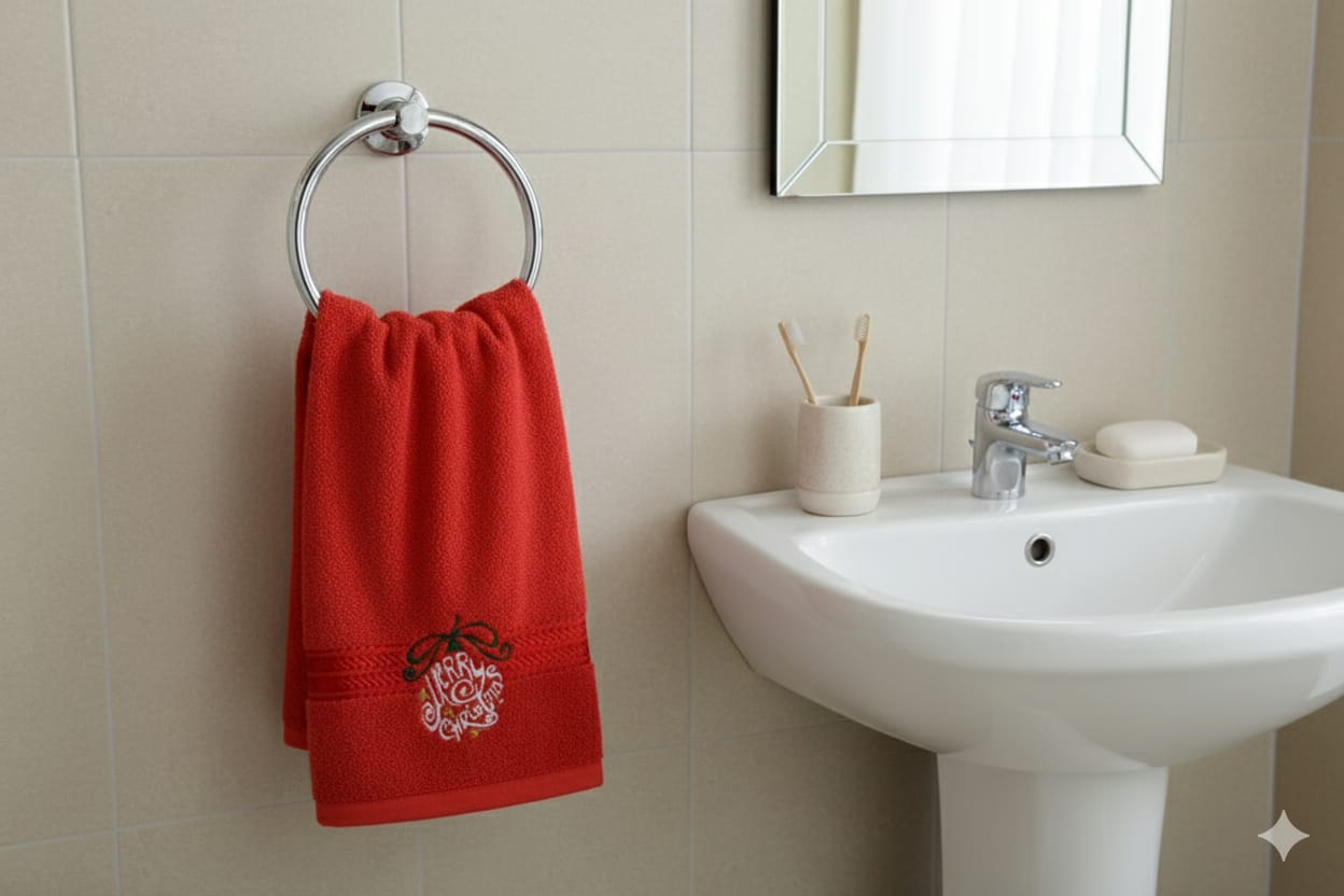 Red Turkish Embroidered Hand Towel – “Merry Christmas” Design– 19x38 Inches