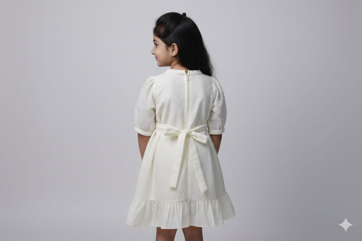 Cream Embroidered Cotton Kids Frock with Bow Tie Back - View 2 - Cotton Embroidered - Nushio