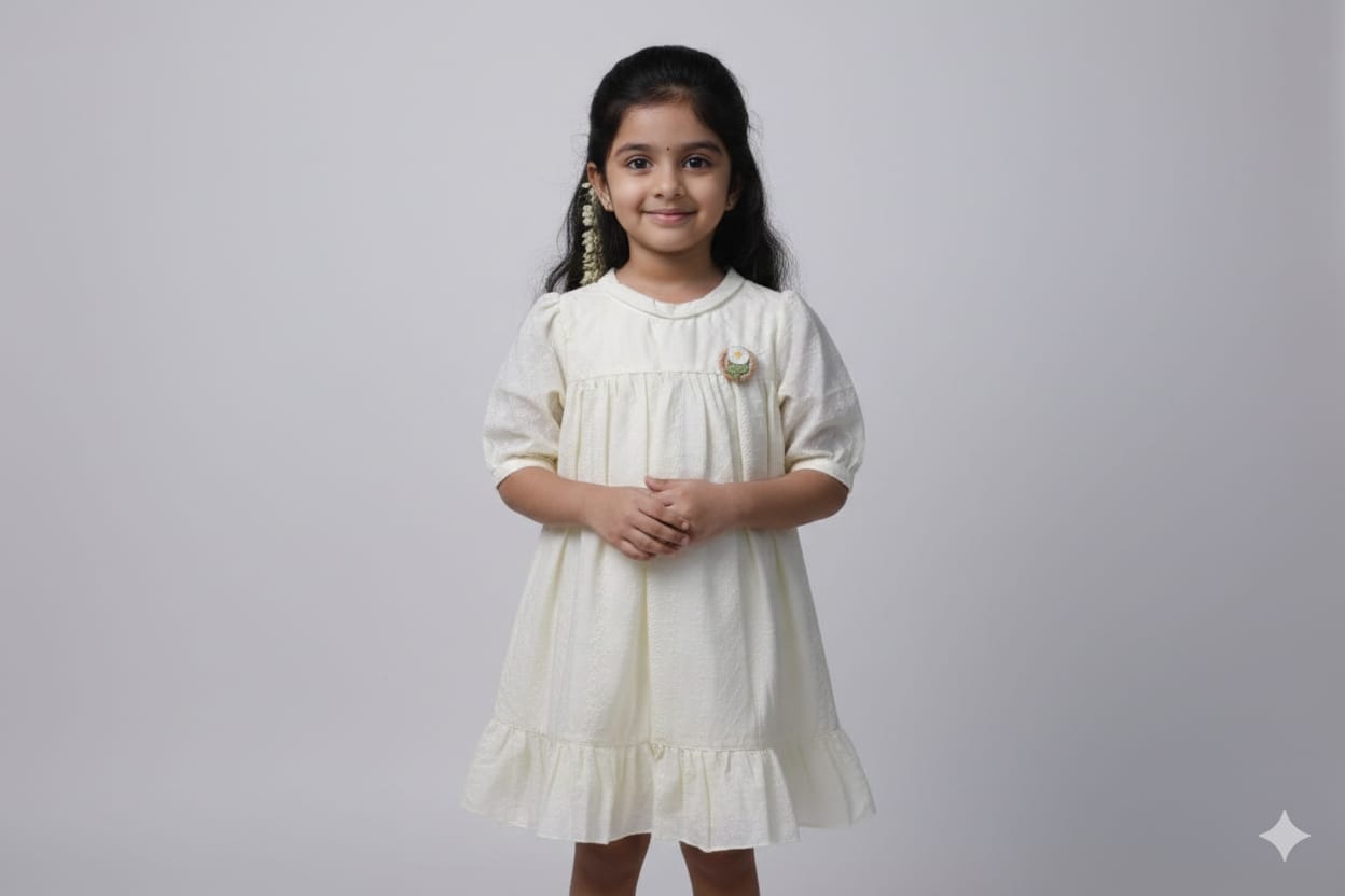 Cream Embroidered Cotton Kids Frock with Bow Tie Back - Main Product Image - Cotton Embroidered - Nushio