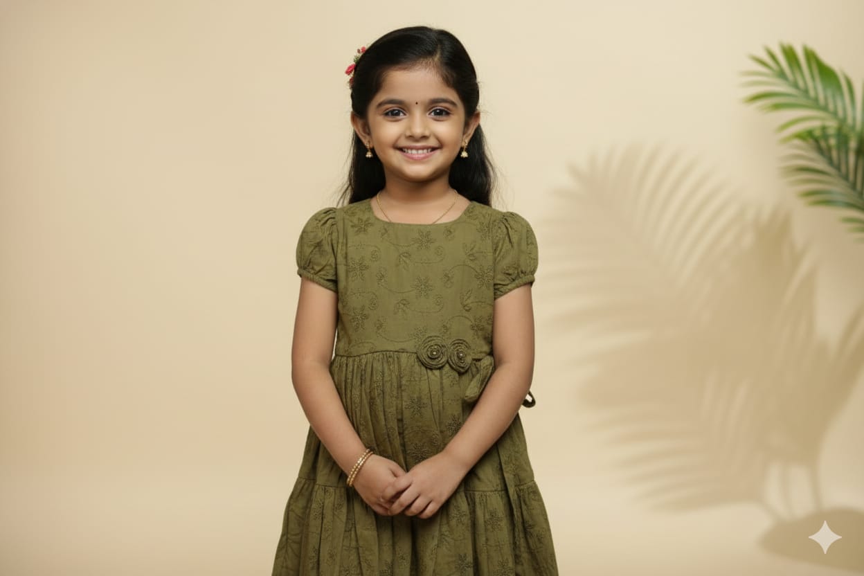 Olive Green Floral Printed Girls Frock with Waist Flower Detail - Main Product Image - Floral Printed - Nushio