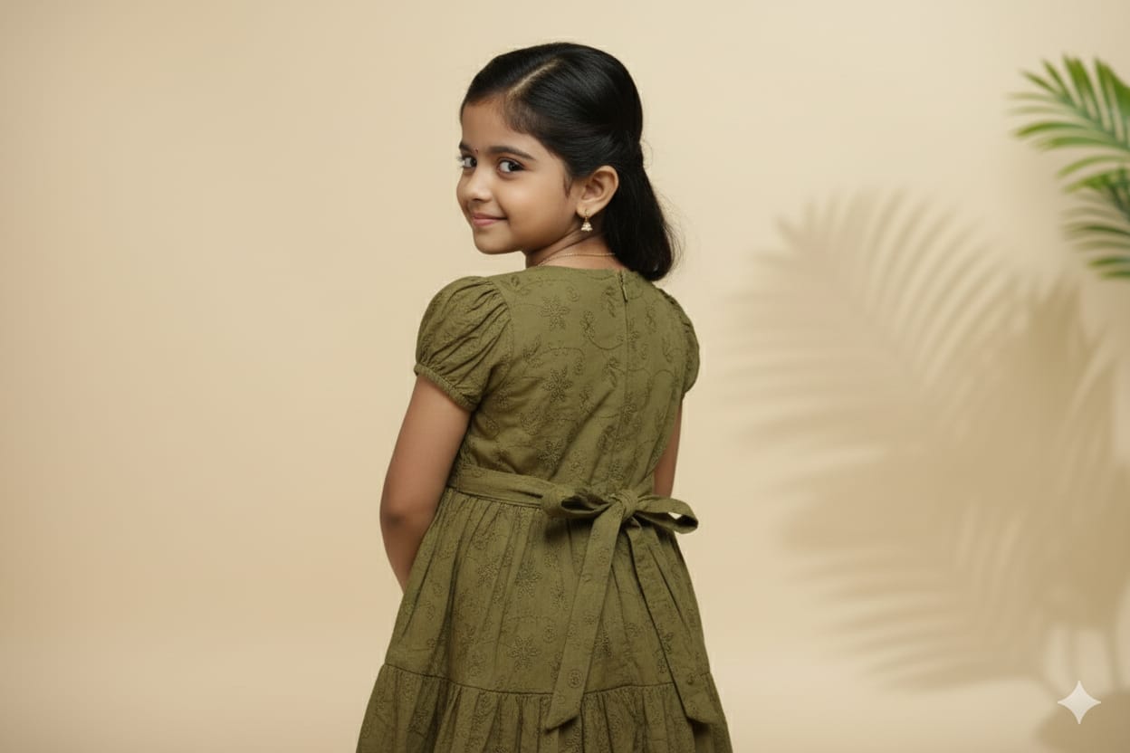 Olive Green Floral Printed Girls Frock with Waist Flower Detail - View 2 - Floral Printed - Nushio